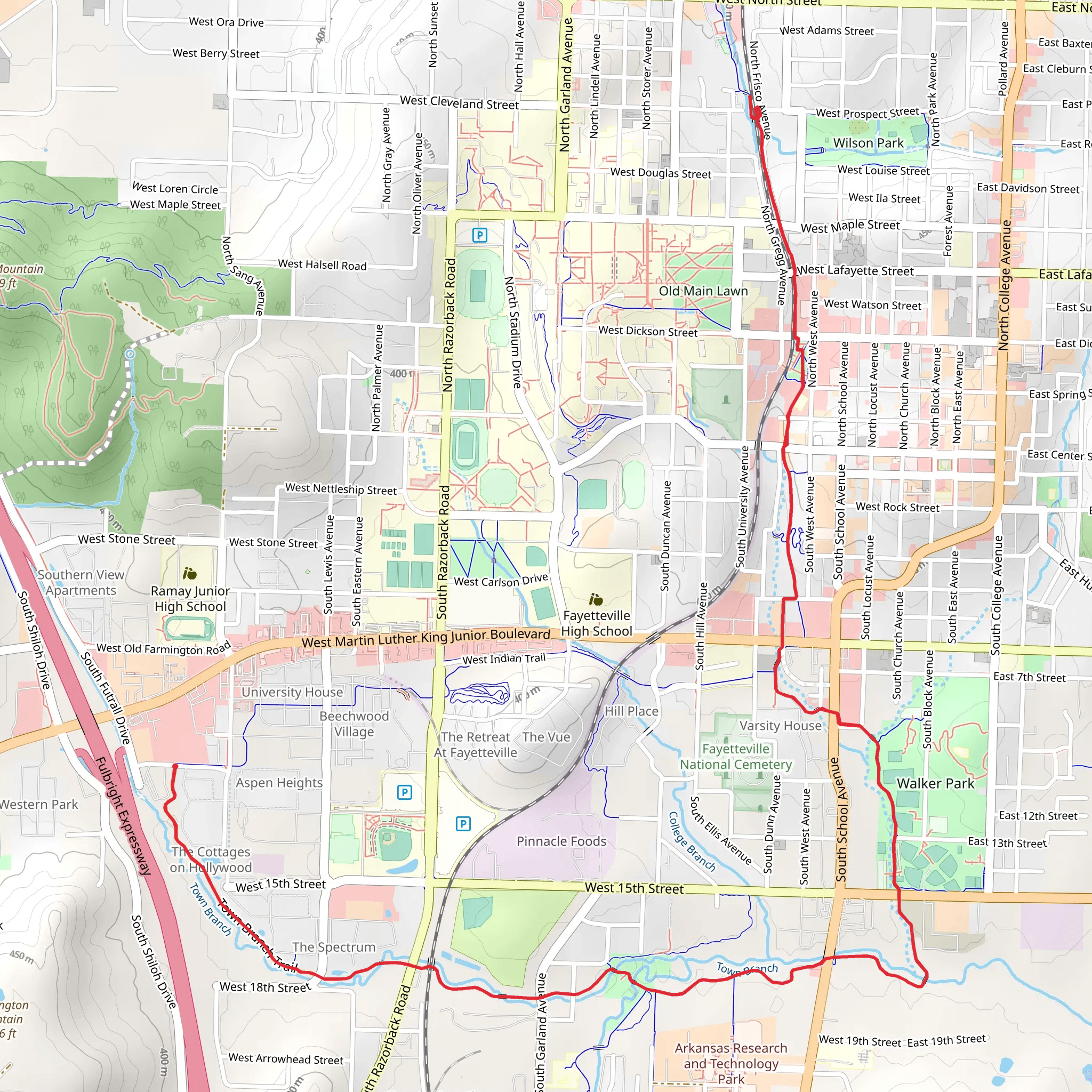 Two Branch Trail and Razorback Regional Greenway mobile static map