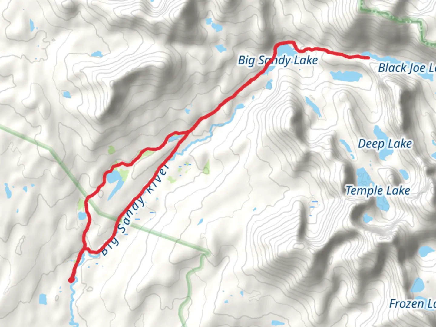 An image depicting the trail Black Joe Lake and V Lake via Big Sandy TrailLoop and its surrounding area.