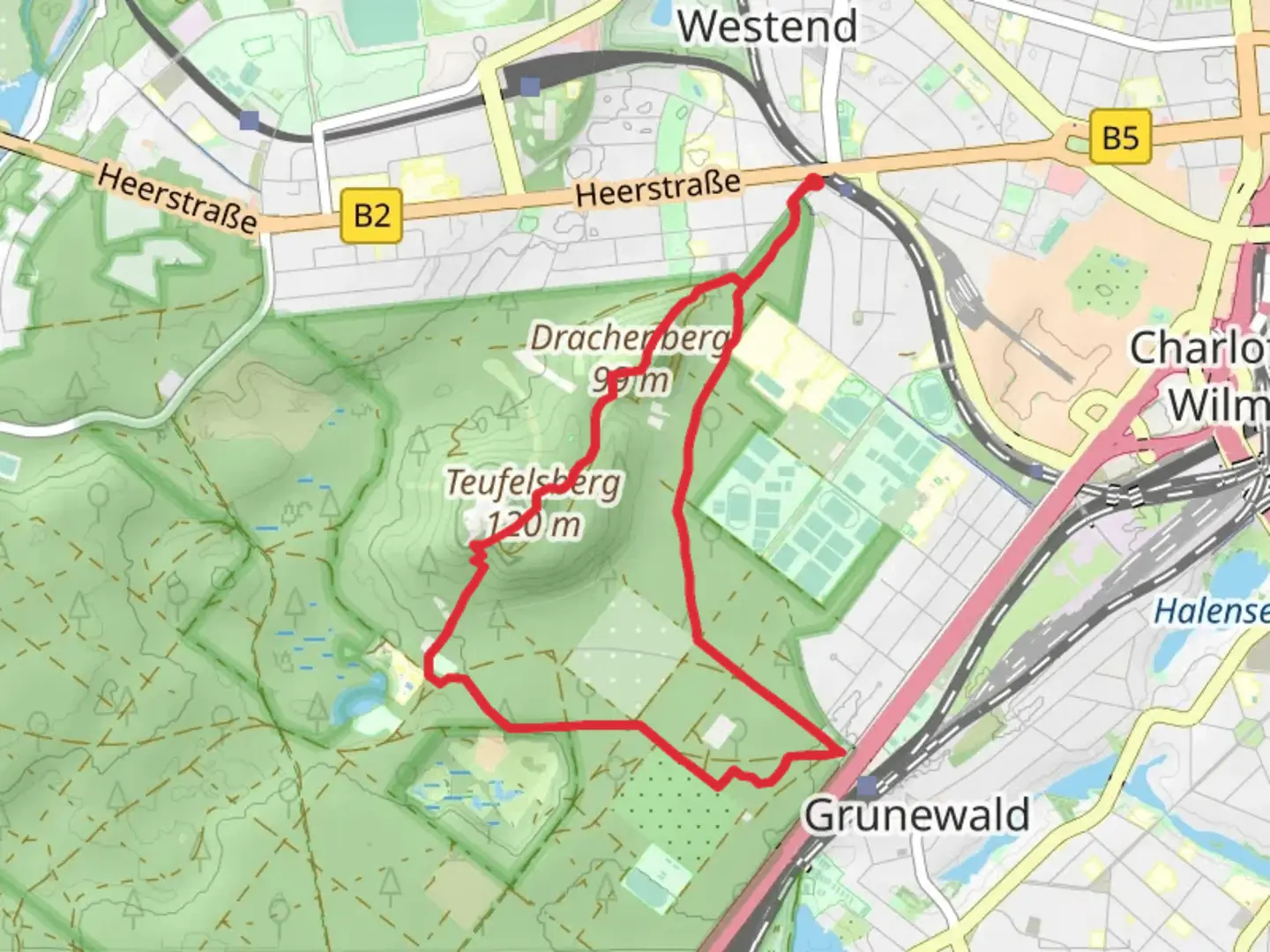 An image depicting the trail Teufelsberg via Schildhornweg and its surrounding area.
