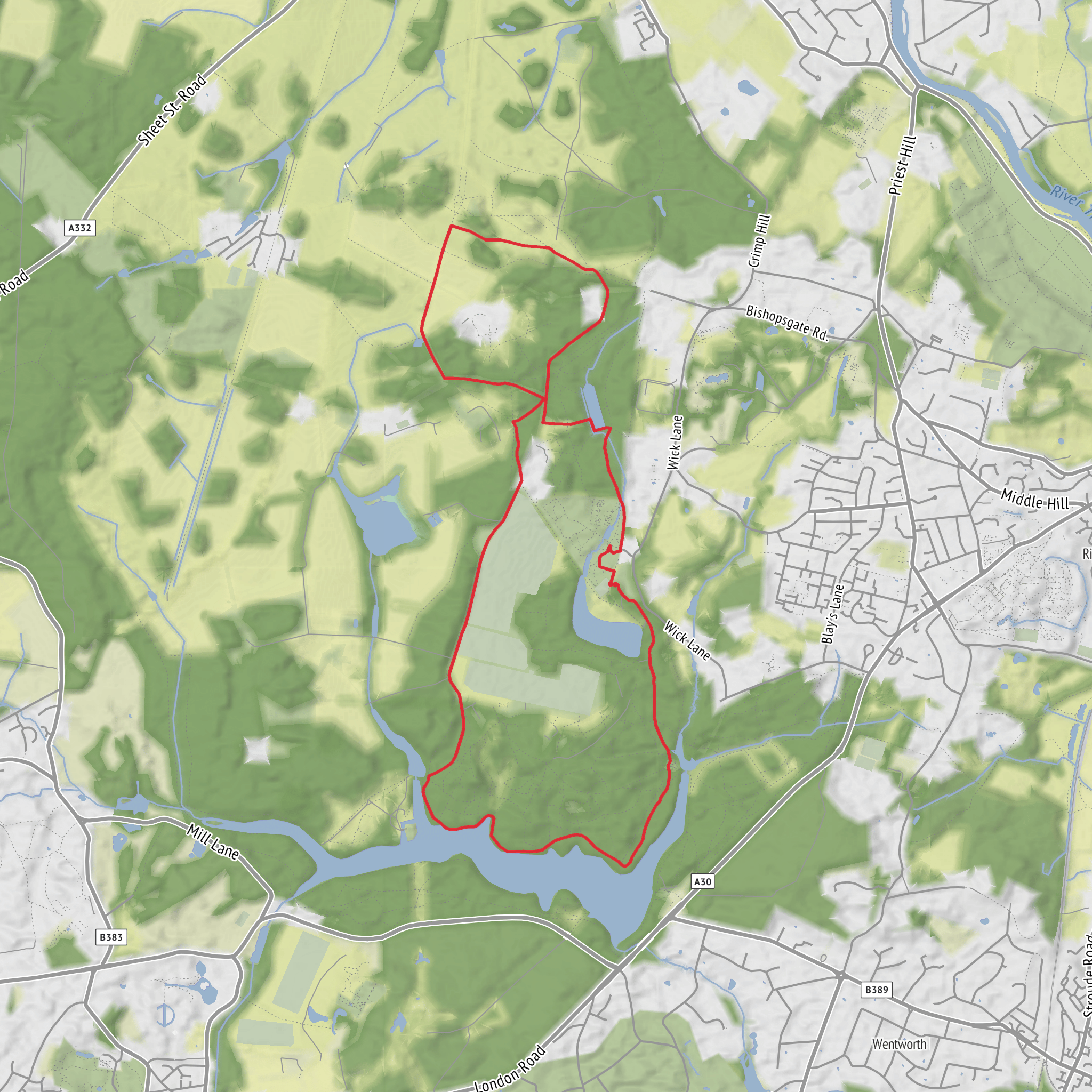 Chapel Wood, Breakheart Hill, High Flyer's Hill, Virginia Water and Obelisk Pond Loop mobile static map