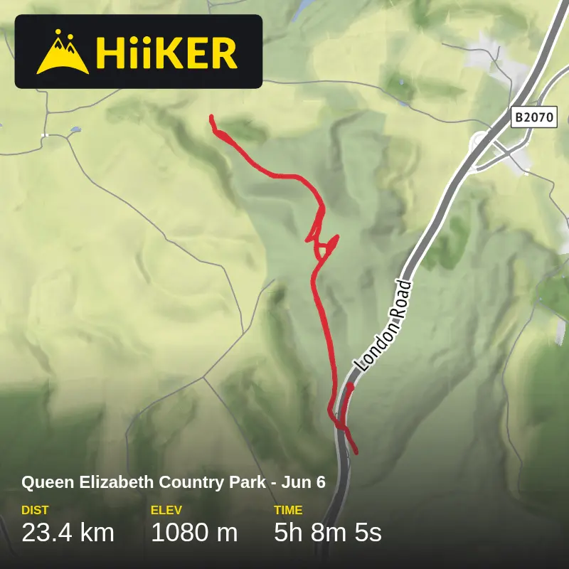 A map preview of the recording Queen Elizabeth Country Park - Jun 6.