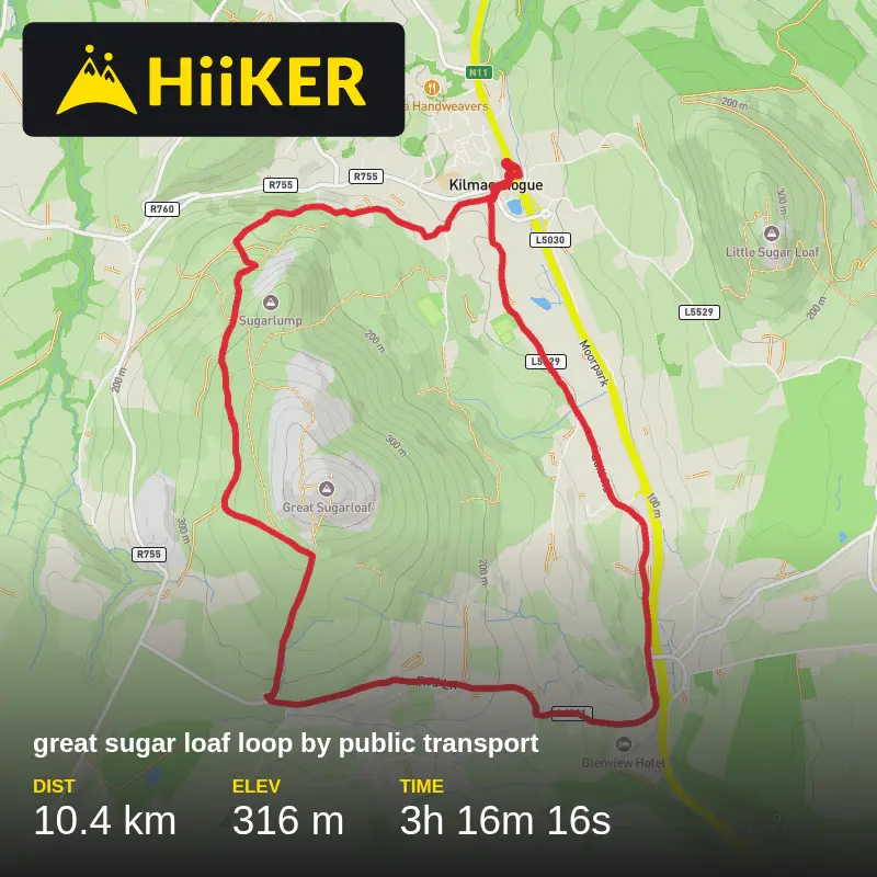 A map preview of the recording great sugar loaf loop by public transport.