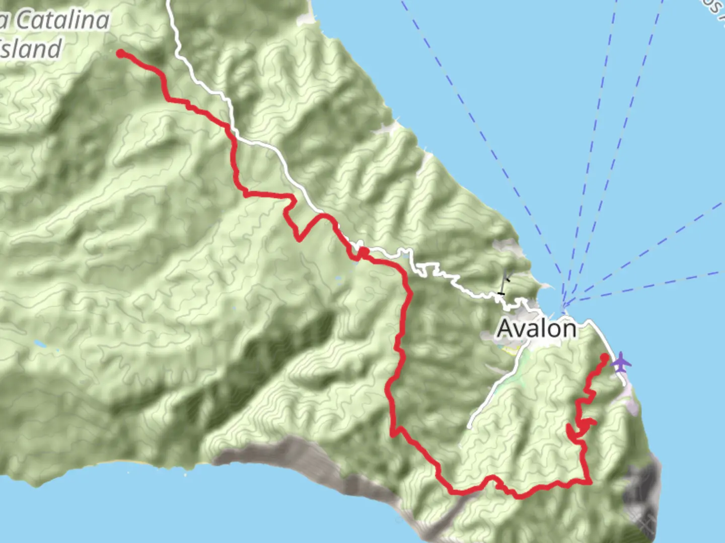 An image depicting the trail Pebbly Beach to Black Jack Campground via Trans Catalina Trail and its surrounding area.