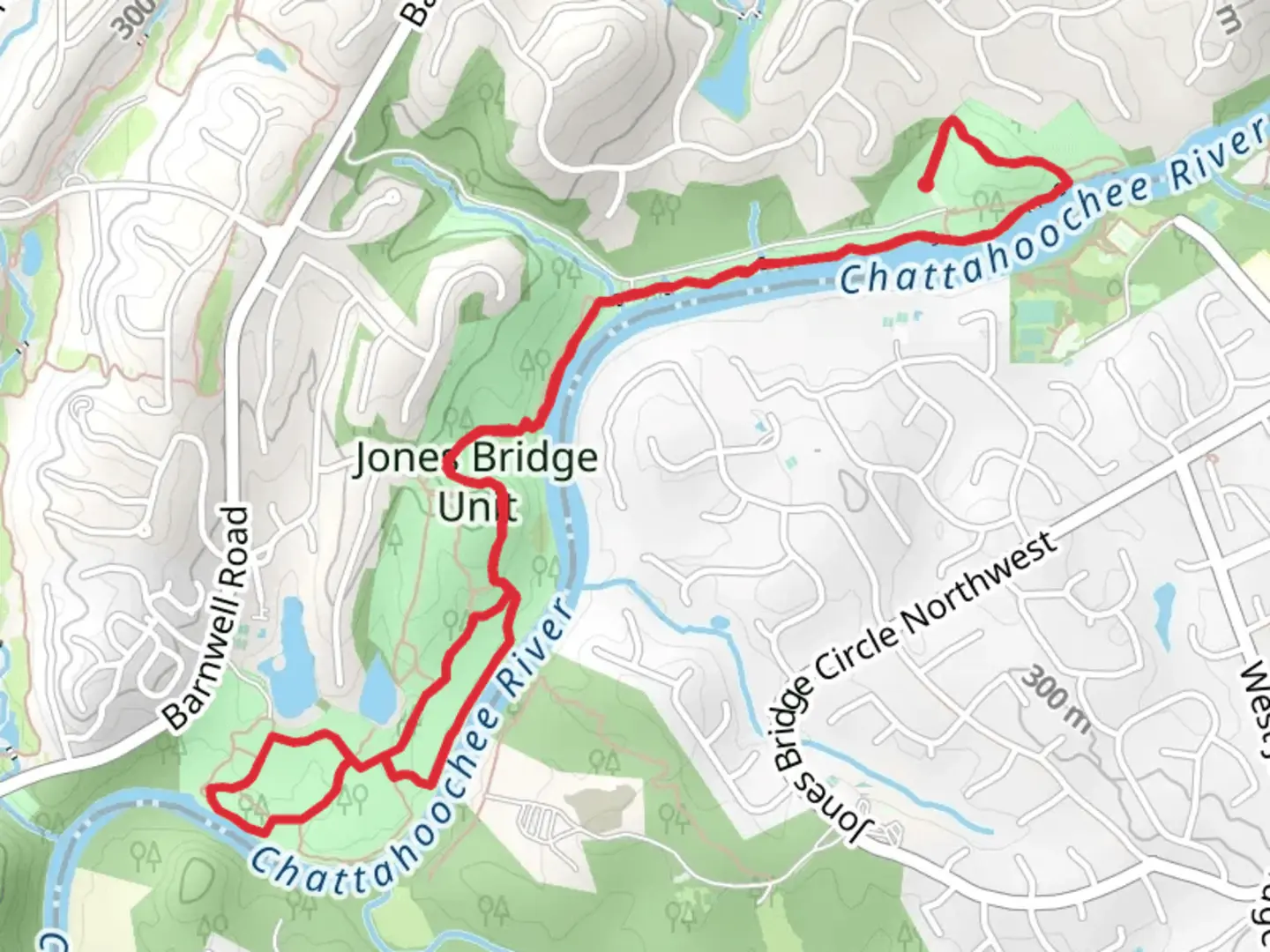 An image depicting the trail Loop along Chattahoochee River and its surrounding area.