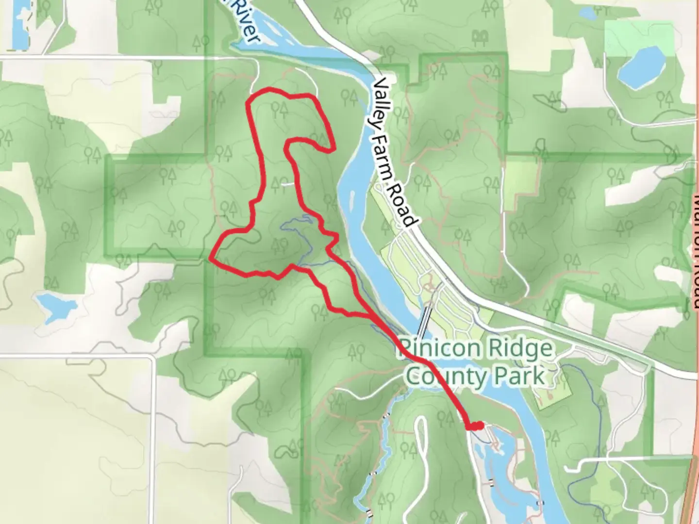 An image depicting the trail White Oak Loop Trail from Horseshoe Falls Road and its surrounding area.