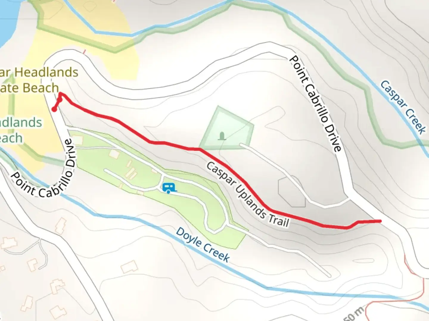 An image depicting the trail Caspar Uplands Trail and its surrounding area.