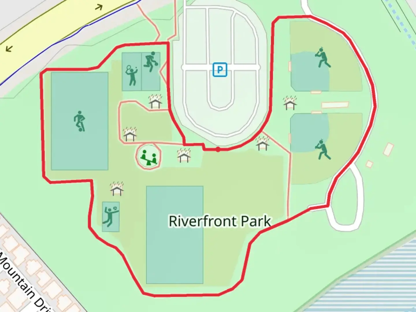 An image depicting the trail Riverfront Park Loop and its surrounding area.