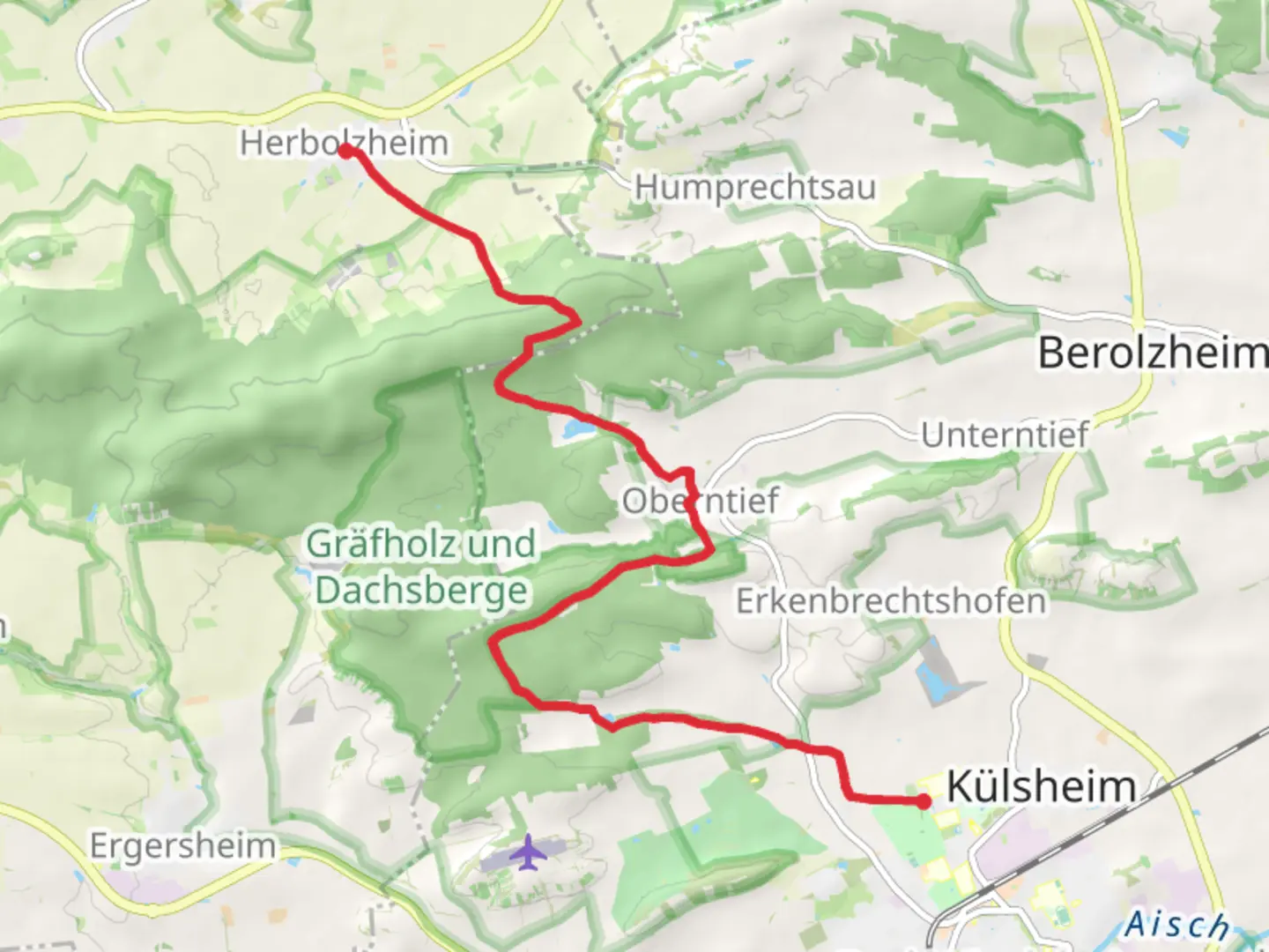An image depicting the trail Kuelsheim to Herbolzheim via Steigerwald Panoramaweg and its surrounding area.