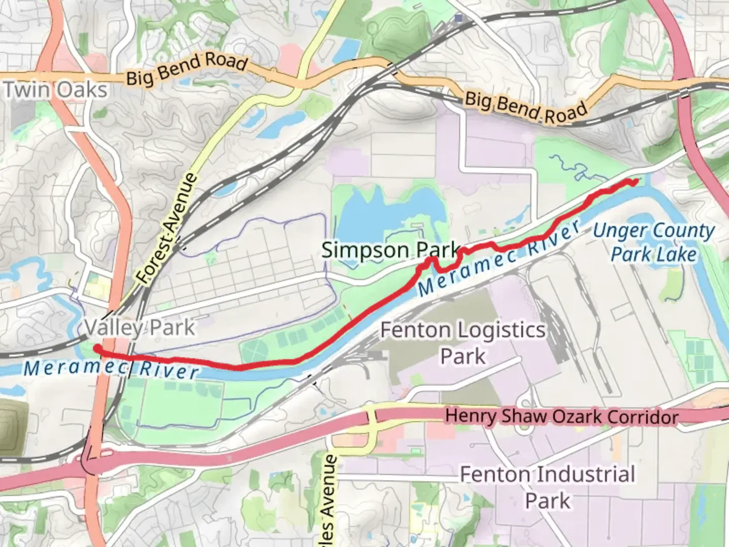 An image depicting the trail Meramec Greenway and its surrounding area.