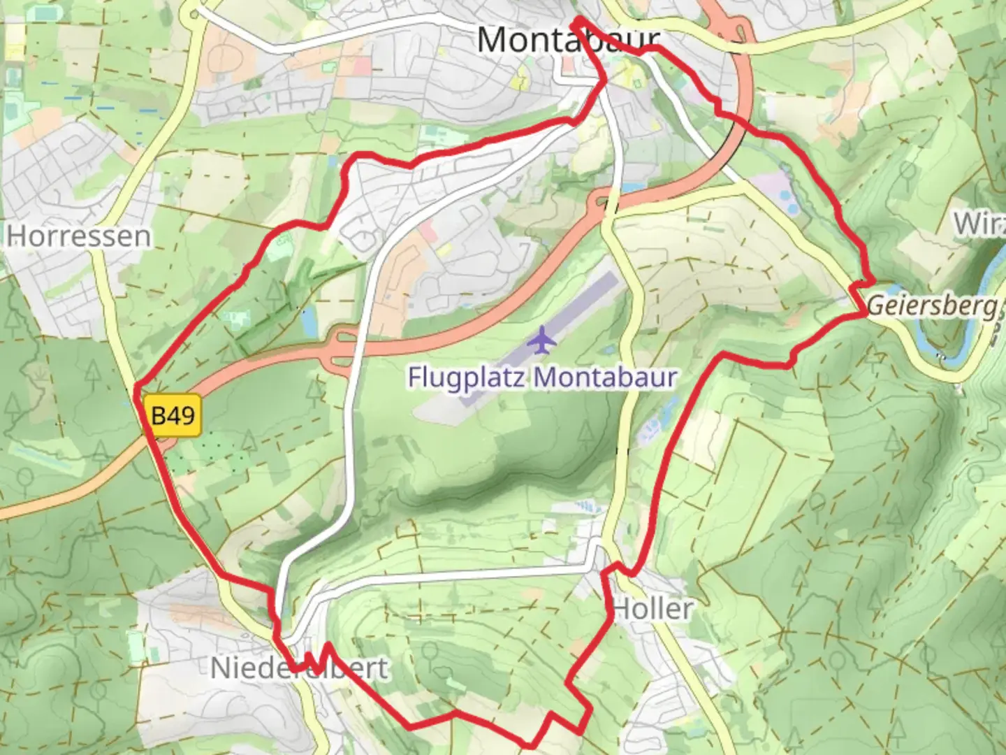 An image depicting the trail Montabaur and Holler Loop and its surrounding area.