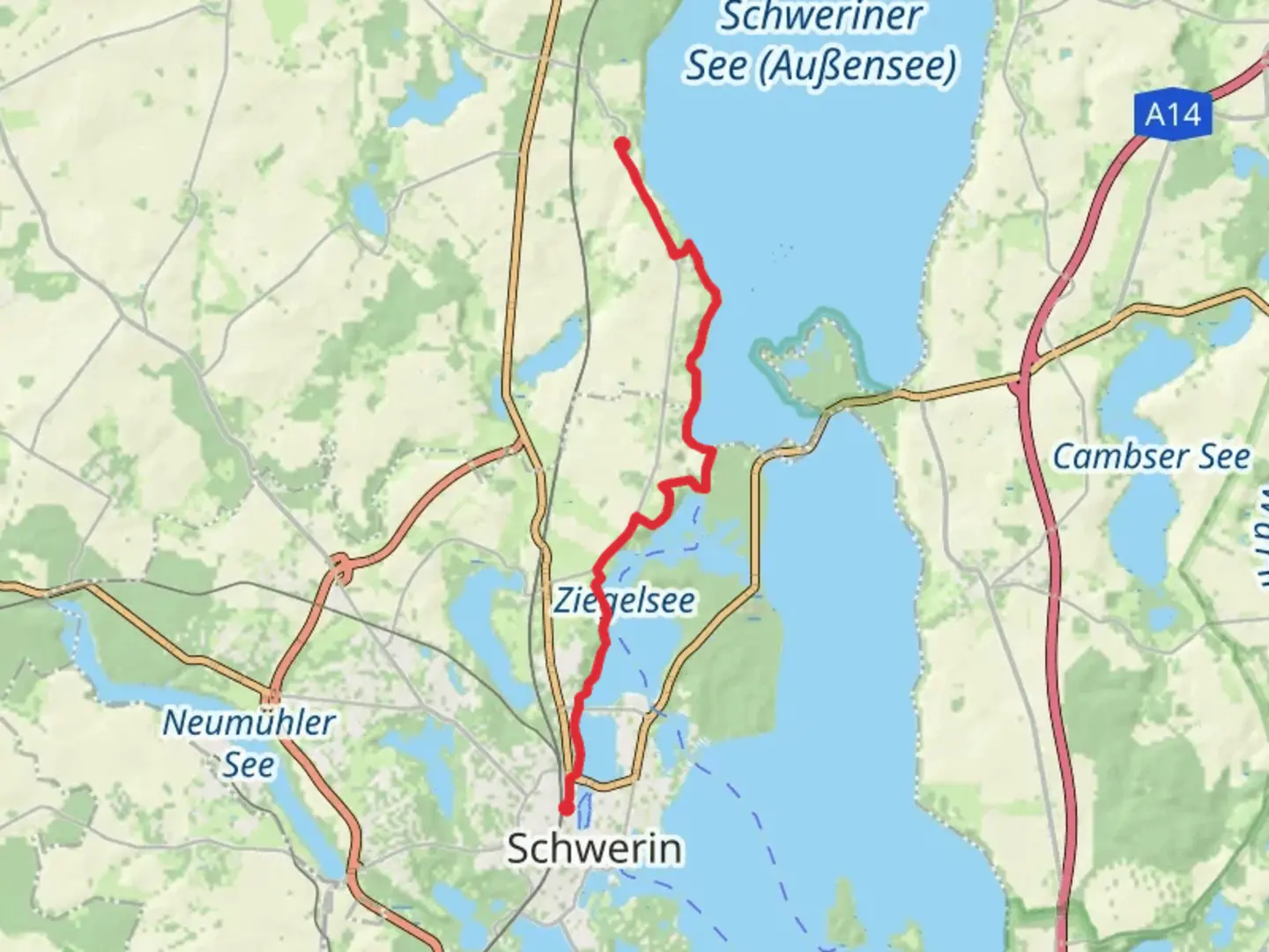 An image depicting the trail Schwerin to Lübstorf via Wendenhof - Gertrundenhof and its surrounding area.