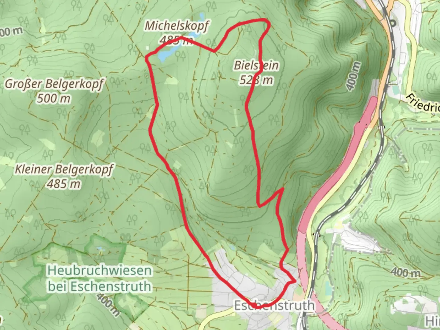 An image depicting the trail Bielstein and Michelskopfsee via Eschenstruther Weg and its surrounding area.