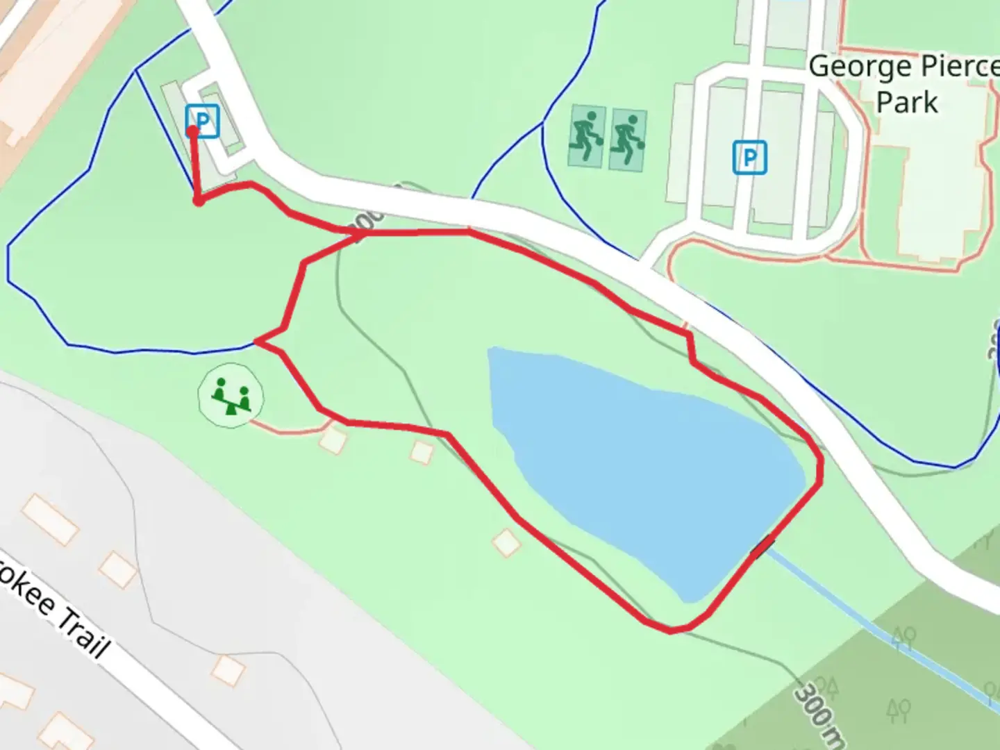 An image depicting the trail Playground George Pierce Park Loop and its surrounding area.