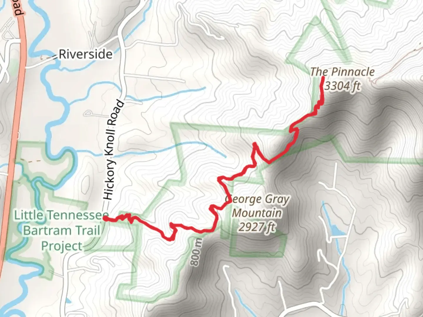 An image depicting the trail The Pinnacle via Bartram Trail and its surrounding area.