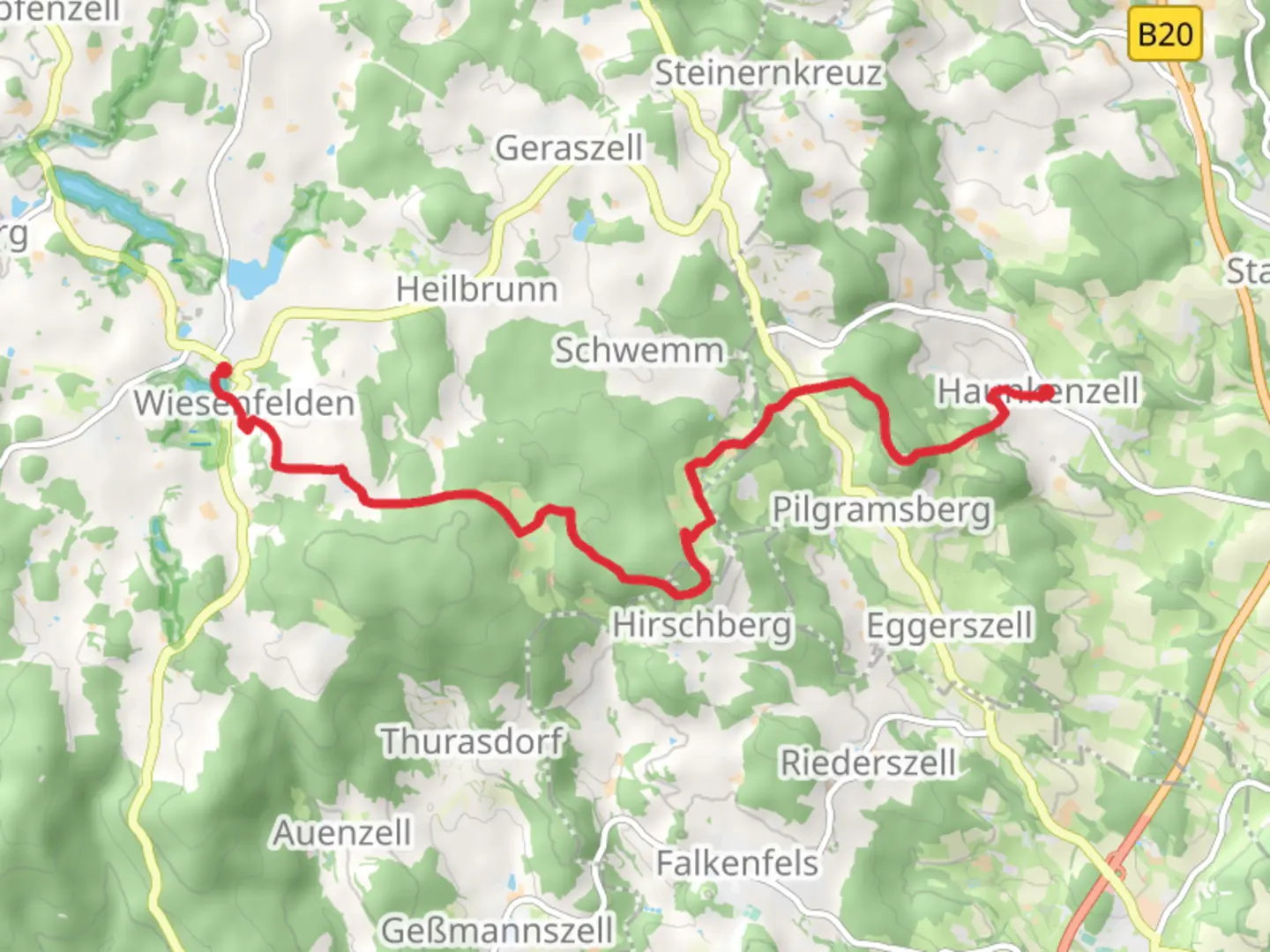 An image depicting the trail Wiesenfelden to Haunkenzell Walk via Kirchenberg and Wasenmeisterweg and its surrounding area.