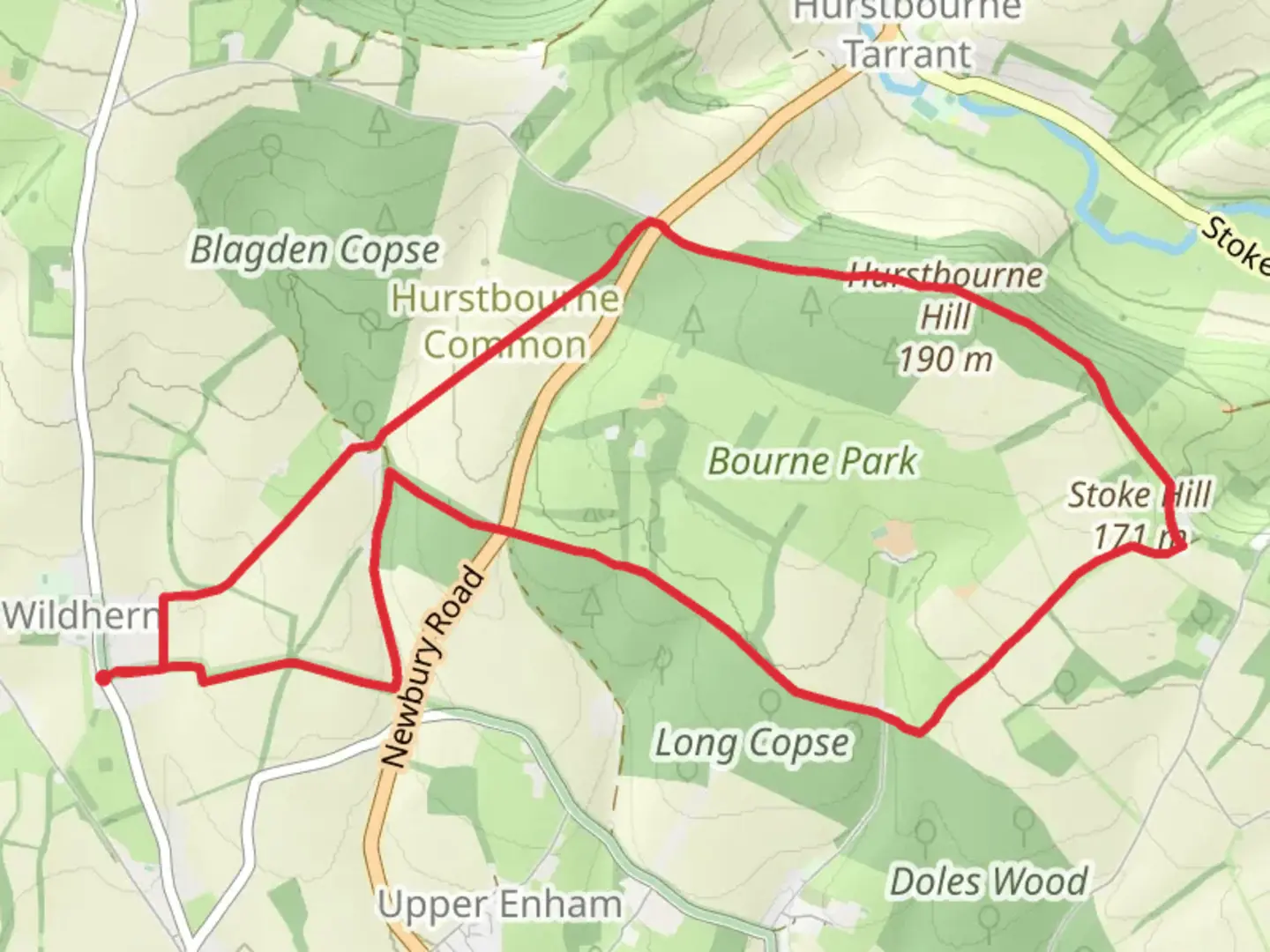 An image depicting the trail Hurstbourne Common, Doles Copse and Stoke Hill Loop and its surrounding area.