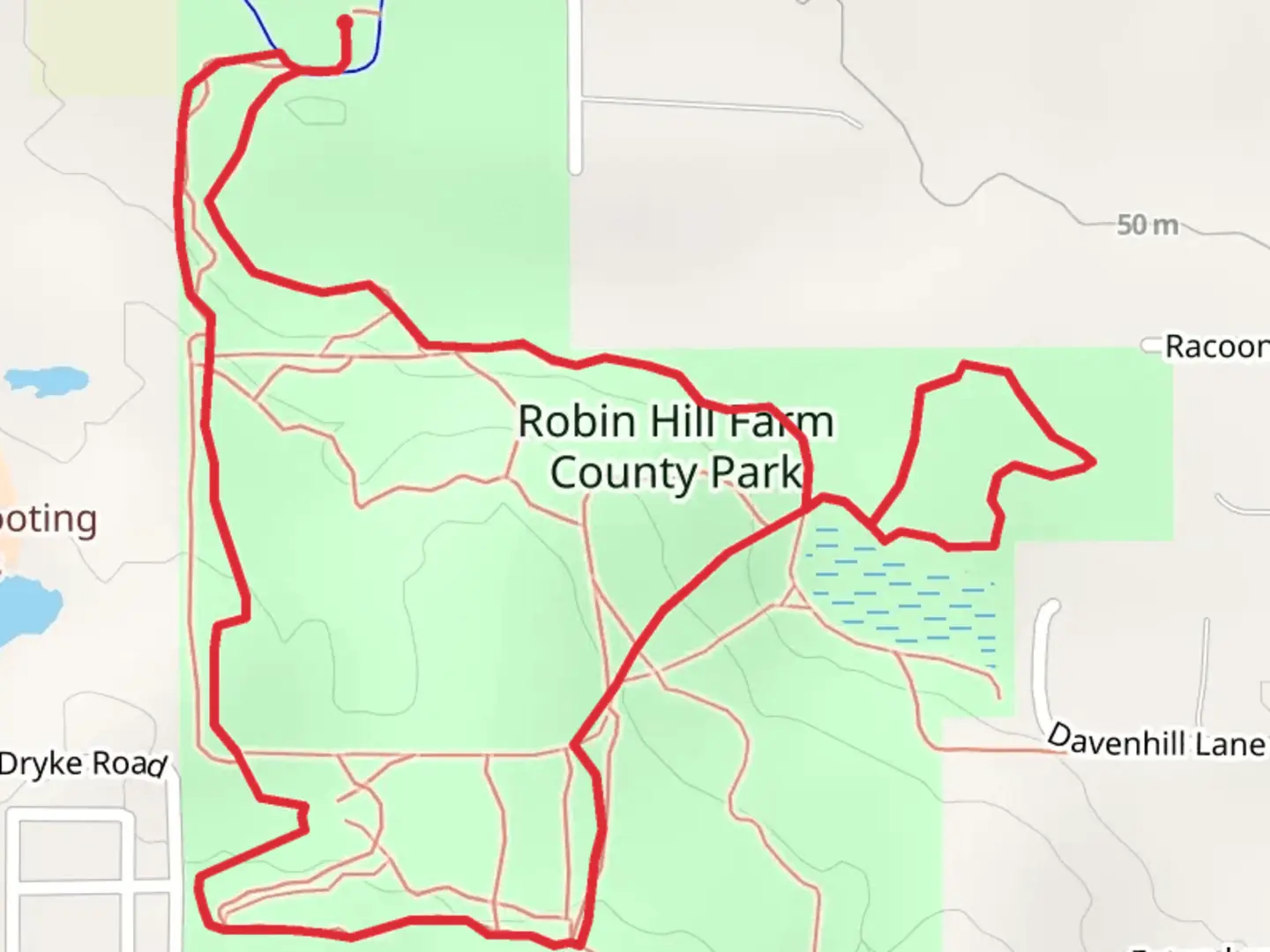 An image depicting the trail Robin Hill Farm County Park Loop and its surrounding area.