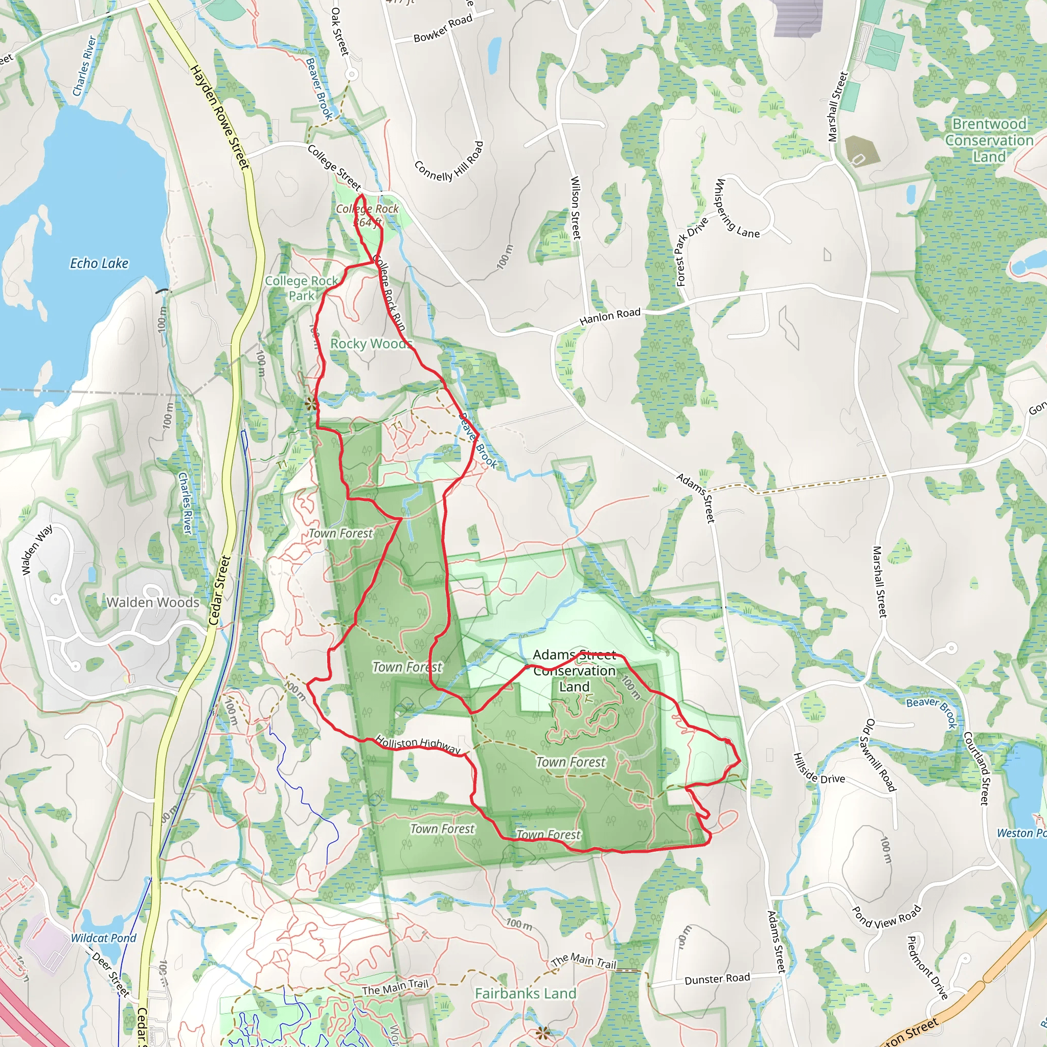 Adams Street Conservation Land, Town Forest and College Rock Loop Trail mobile static map