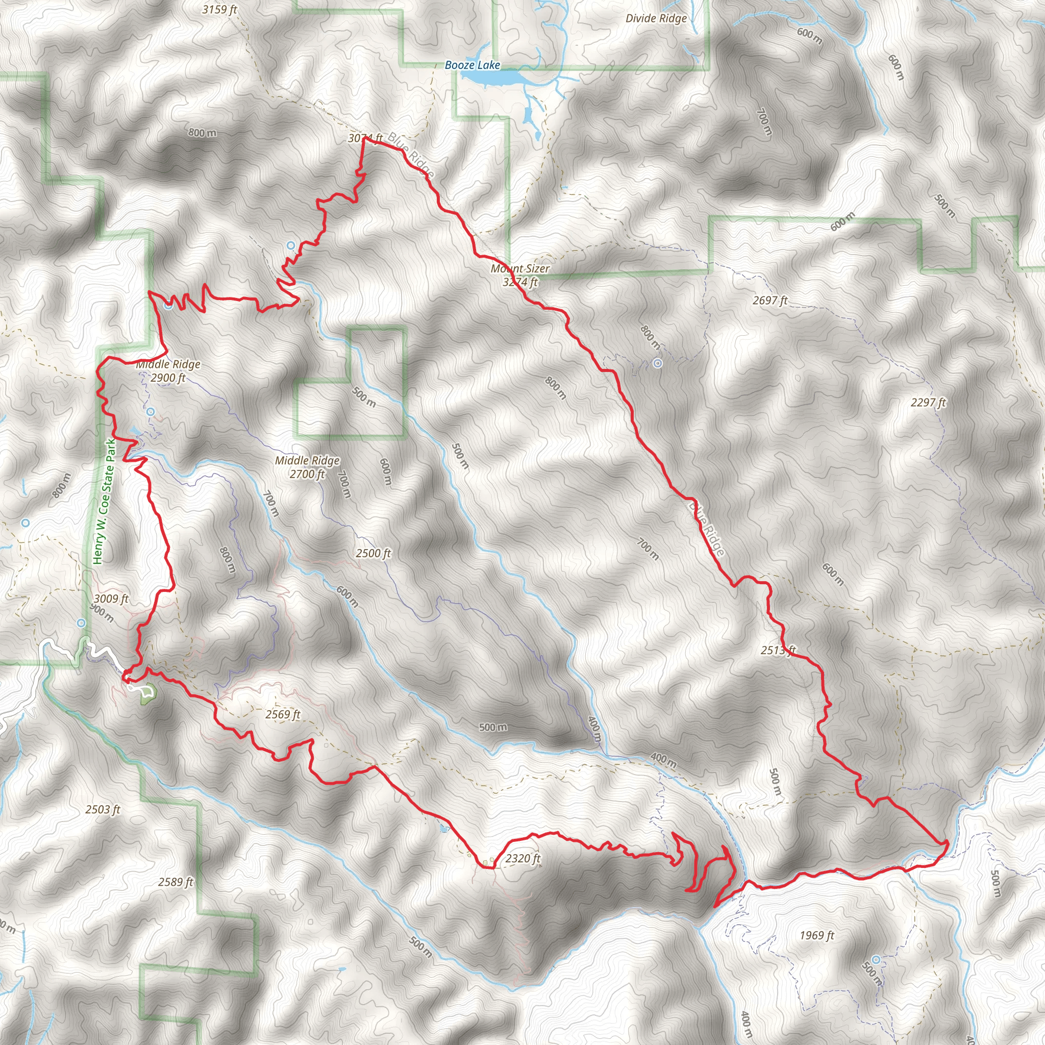 Blue Ridge, Mount Sizer and Middle Ridge Loop via Corral Trail mobile static map