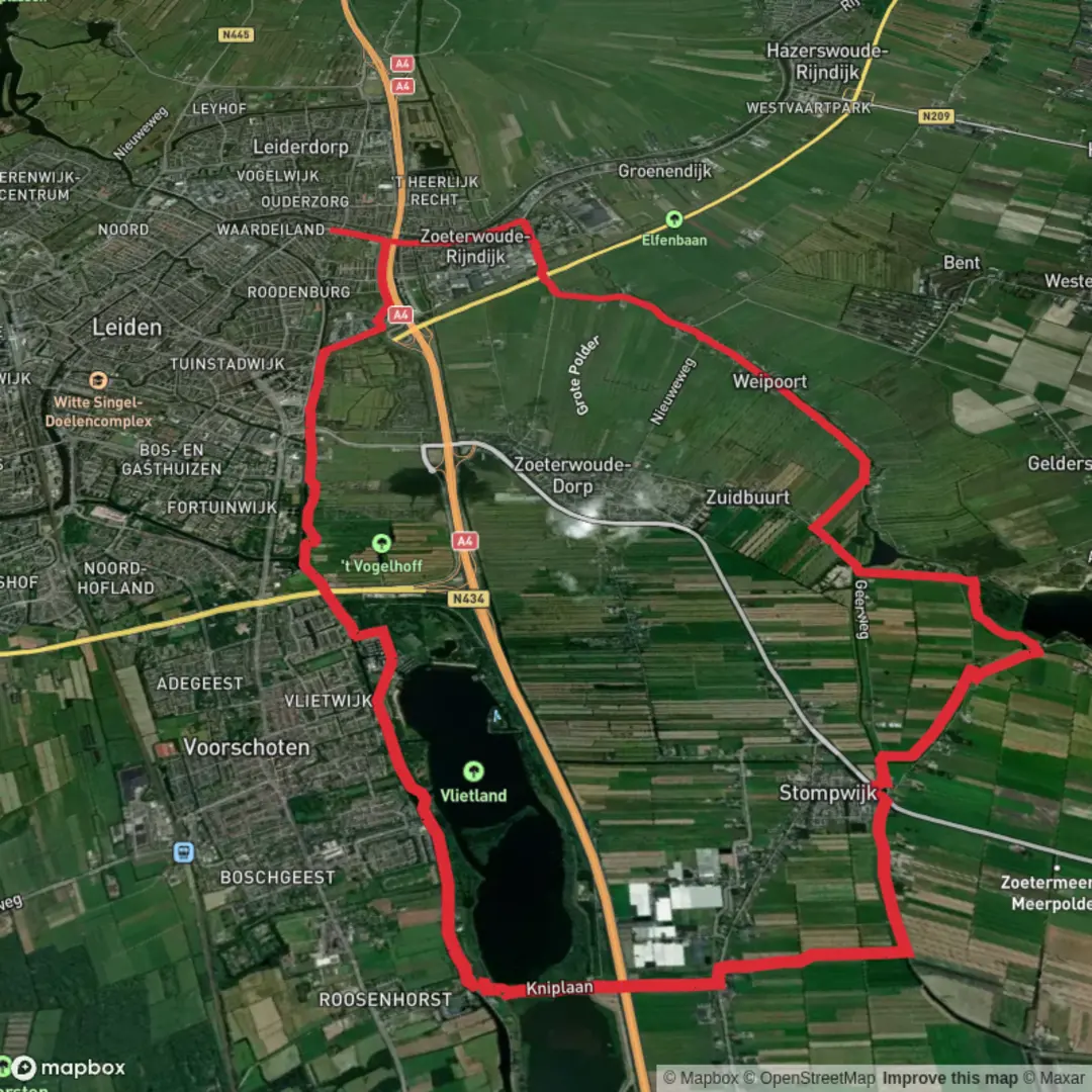 An image depicting the trail Vlietland via Groene Hartpad, Koninklijke Weg and Oostvliet Weg and its surrounding area.