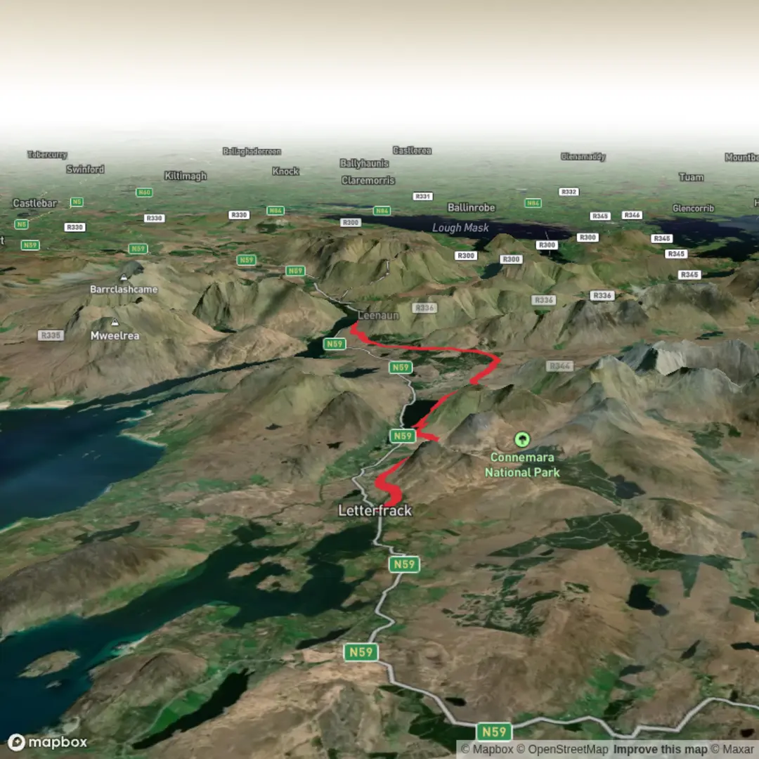 An image depicting the trail Letterfrack_to_Leenaun_1 and its surrounding area.