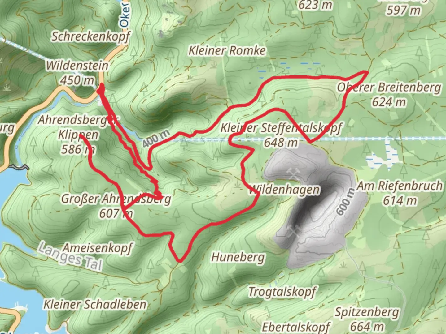 An image depicting the trail Ahrendsberger and Schlackenkappe via Harzklub Weg and Romkestrasse and its surrounding area.