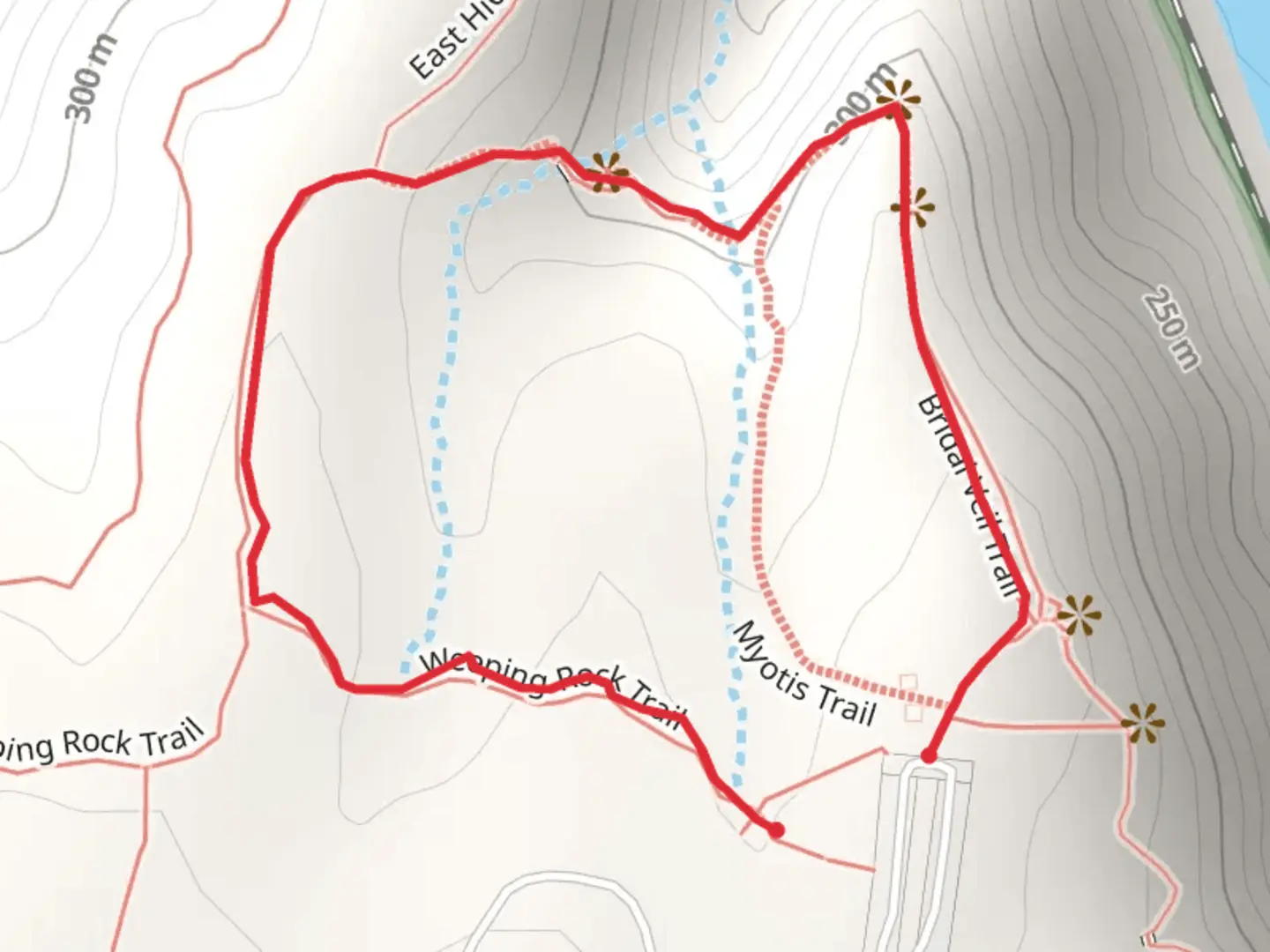 An image depicting the trail East Hickory Ridge Trail and Bridal Veil Trail and its surrounding area.
