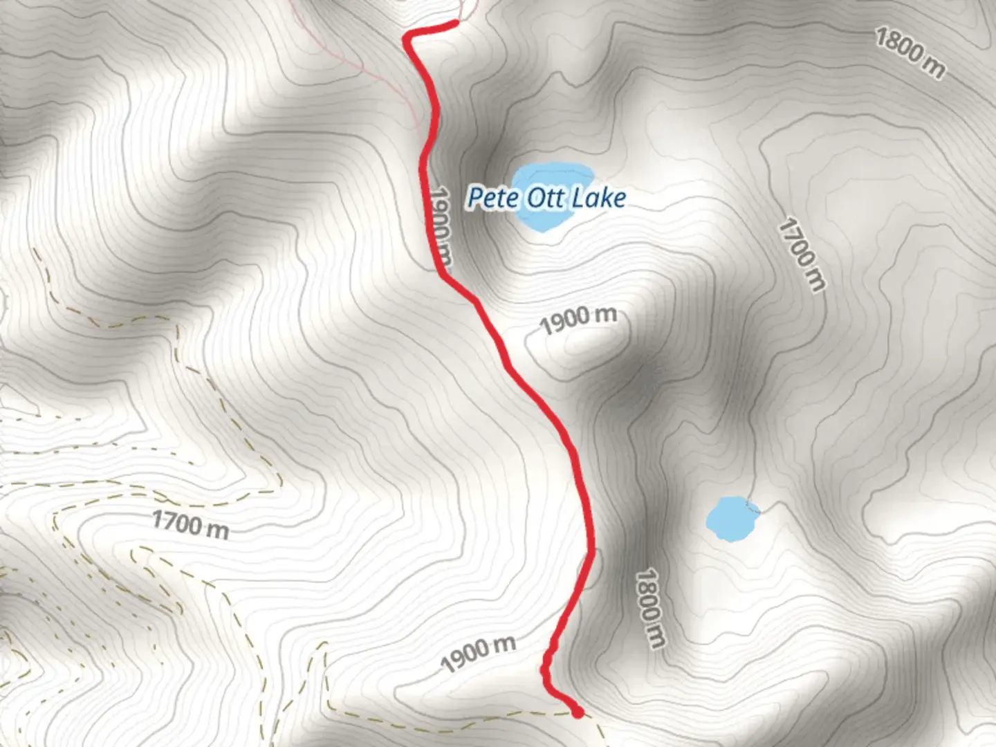 An image depicting the trail Pete Ott Lake via Flat Mountain Trail and its surrounding area.