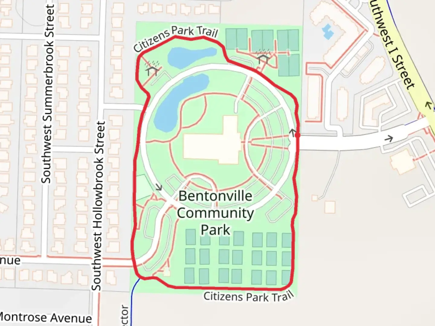 An image depicting the trail Bentonville Community Park Loop and its surrounding area.