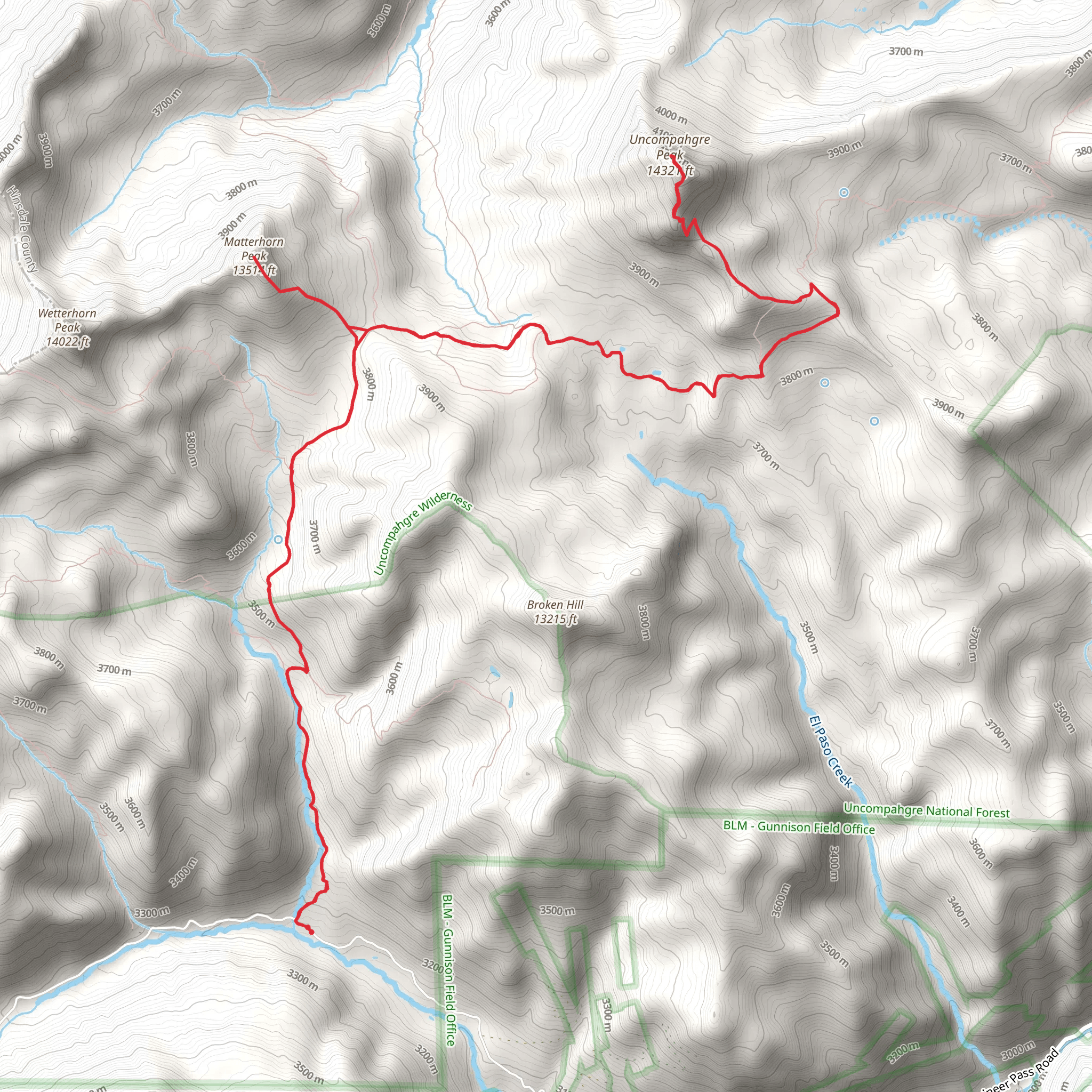 Matterhorn Peak and Uncompahgre Peak via Ridge Stock Driveway Trail mobile static map