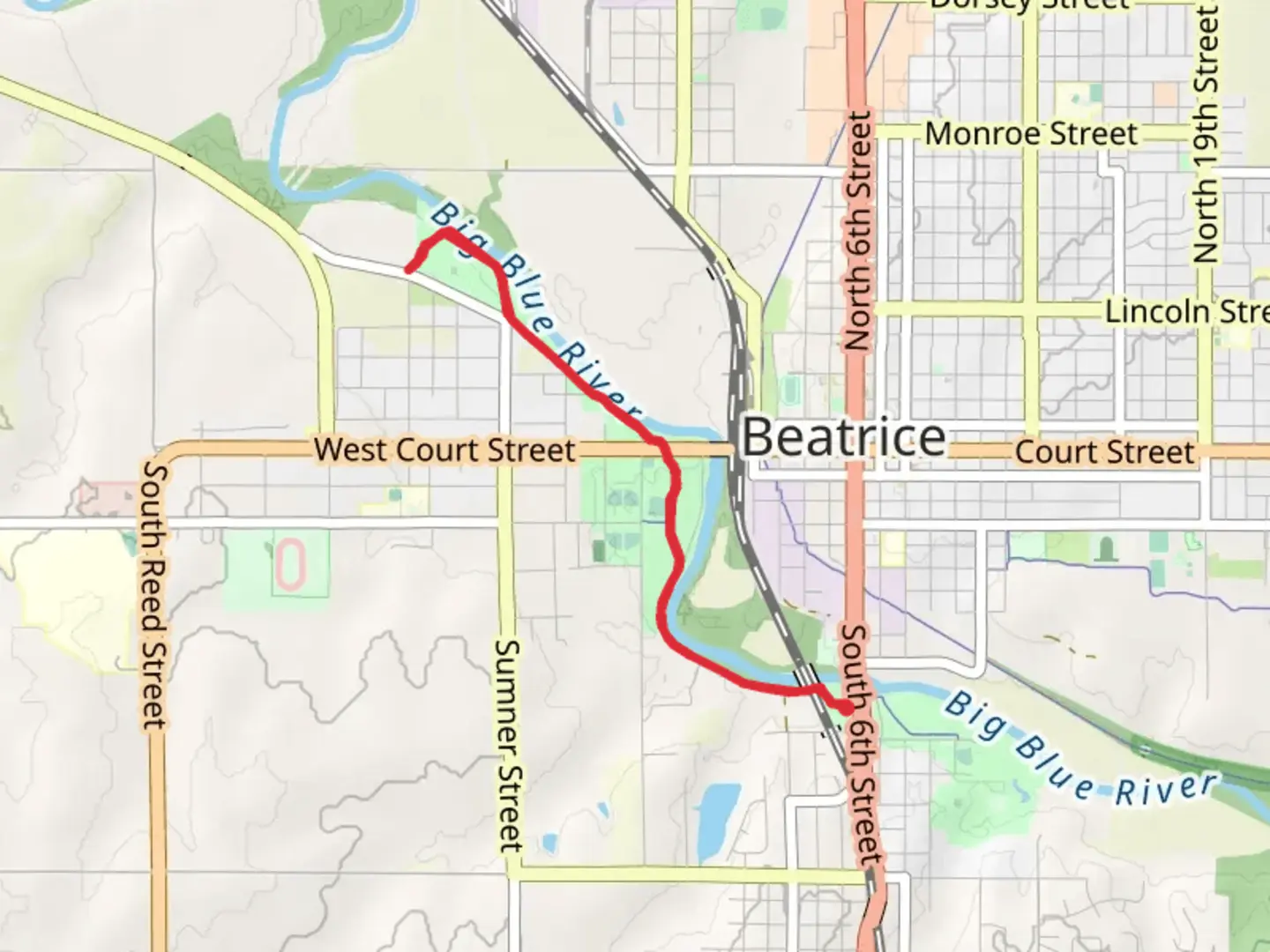 An image depicting the trail Trail A from Veterans Memorial Park and its surrounding area.