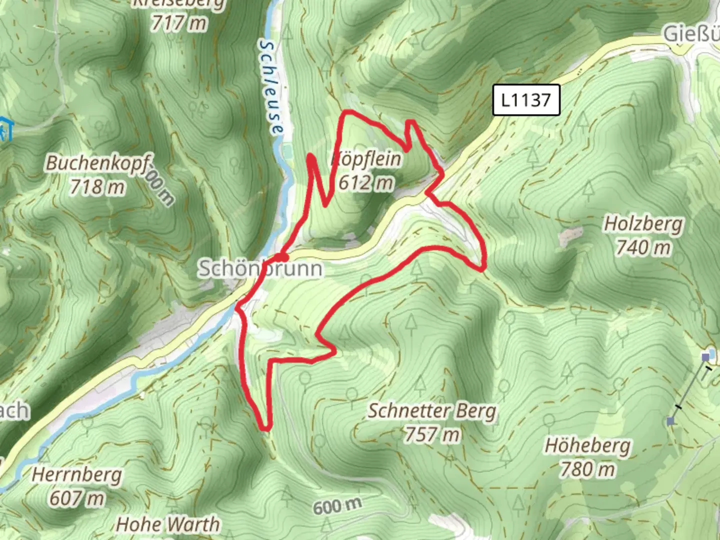 An image depicting the trail Rennsteig Leiter Schoenbrunn and Panoramablick Loop and its surrounding area.