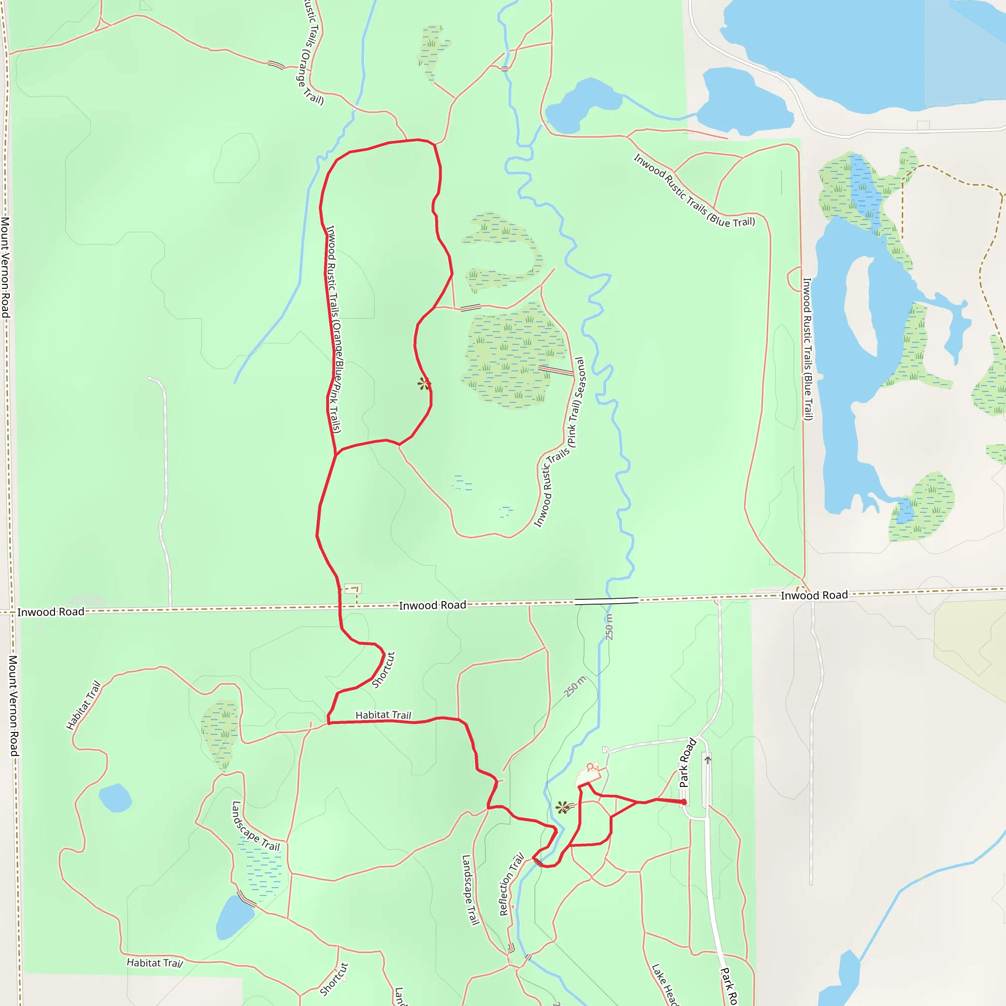 Inwood Rustic Trails -Orange, Blue and Pink Trails and Habitat Trail Loop mobile static map