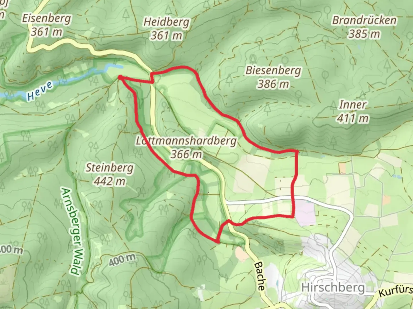 An image depicting the trail Honigkurve Loop and its surrounding area.