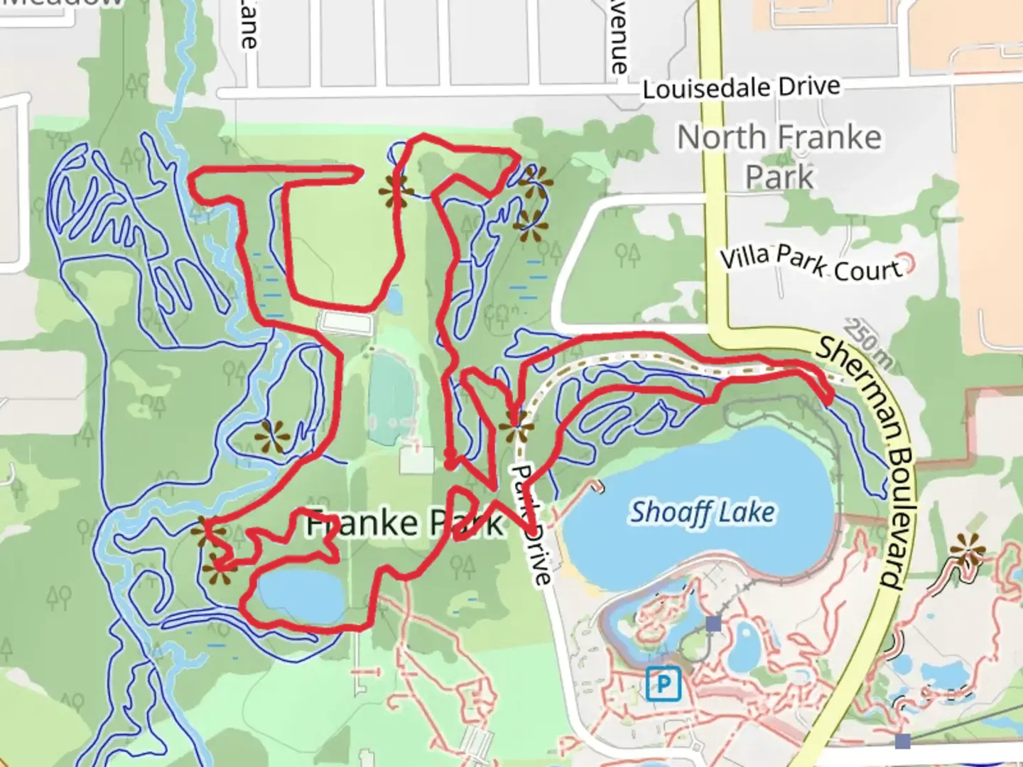 An image depicting the trail Shoaff Lake and Frog Pond via Derby Hill and Ridge Run and its surrounding area.