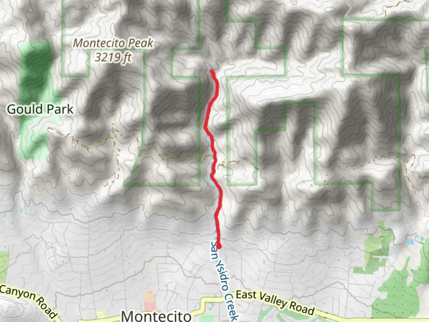 An image depicting the trail San Ysidro Creek via San Ysidro Trail and its surrounding area.