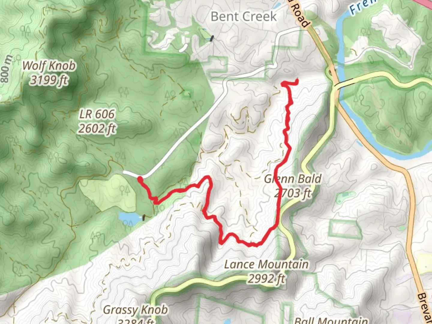 An image depicting the trail Glenn Bald via Hardtimes Road and its surrounding area.