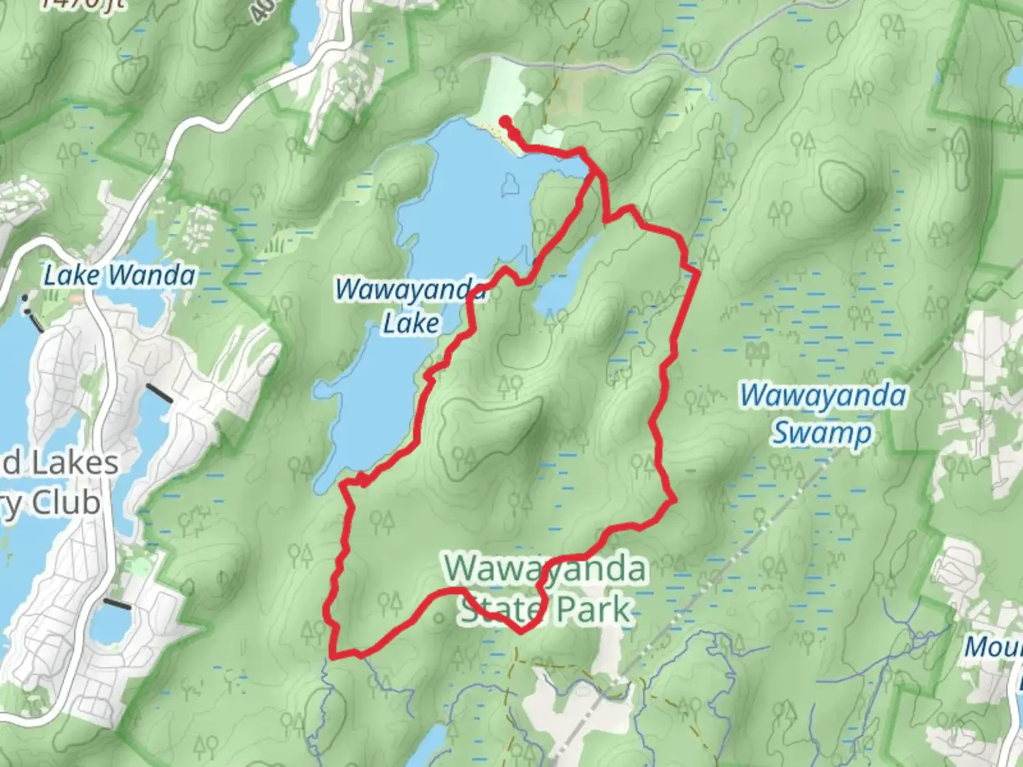 An image depicting the trail Double Pond, Cherry Ridge Road and Sitting Bear Loop Trail and its surrounding area.