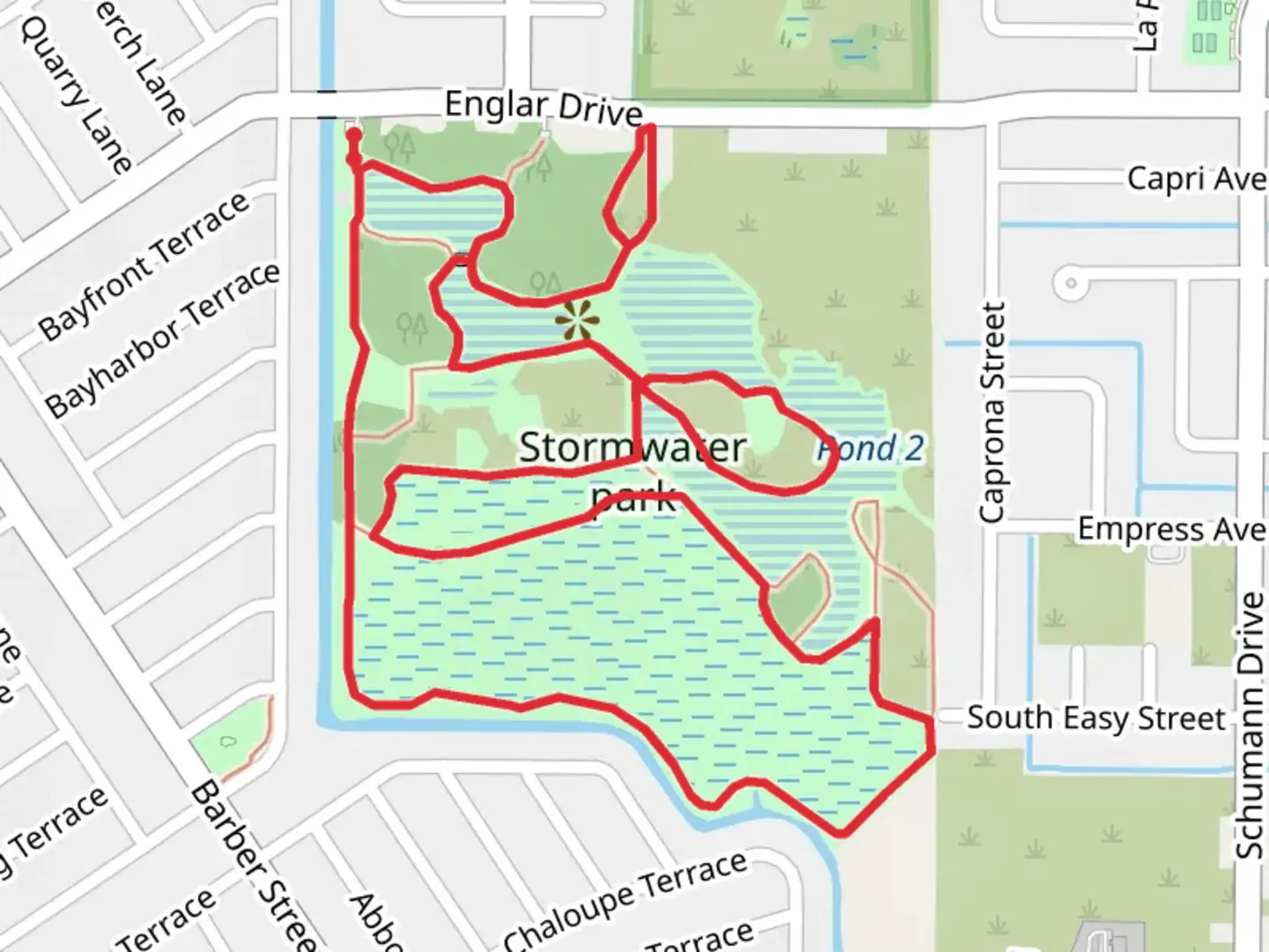 An image depicting the trail Stormwater Park Loop and its surrounding area.