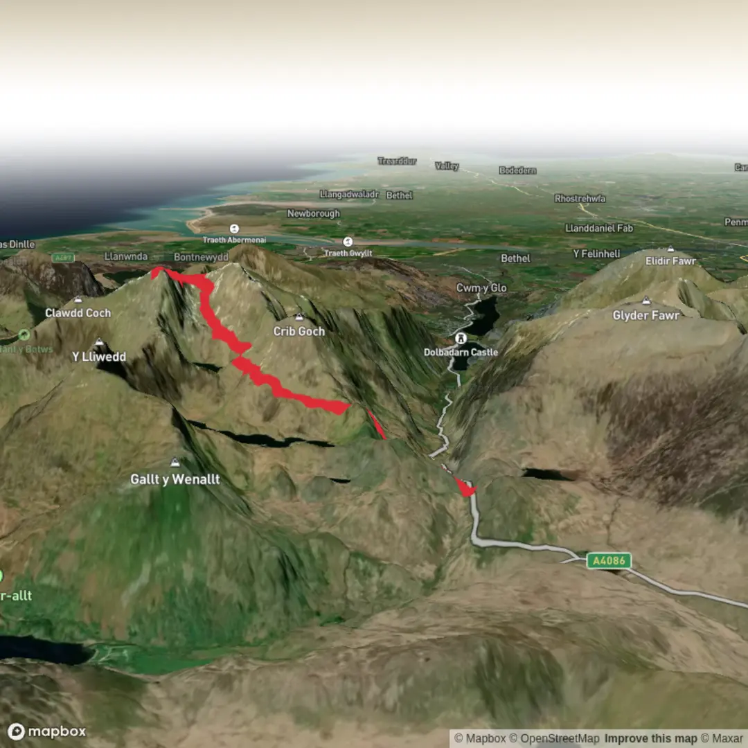 An image depicting the trail Snowdon - Yr Wyddfa and Tyn - yr - aelgerth and its surrounding area.