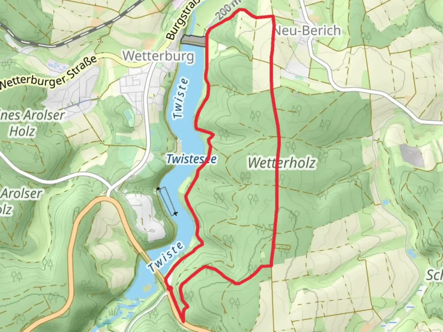 An image depicting the trail Twistetalsperre via Bad Arolsen Wanderweg and its surrounding area.