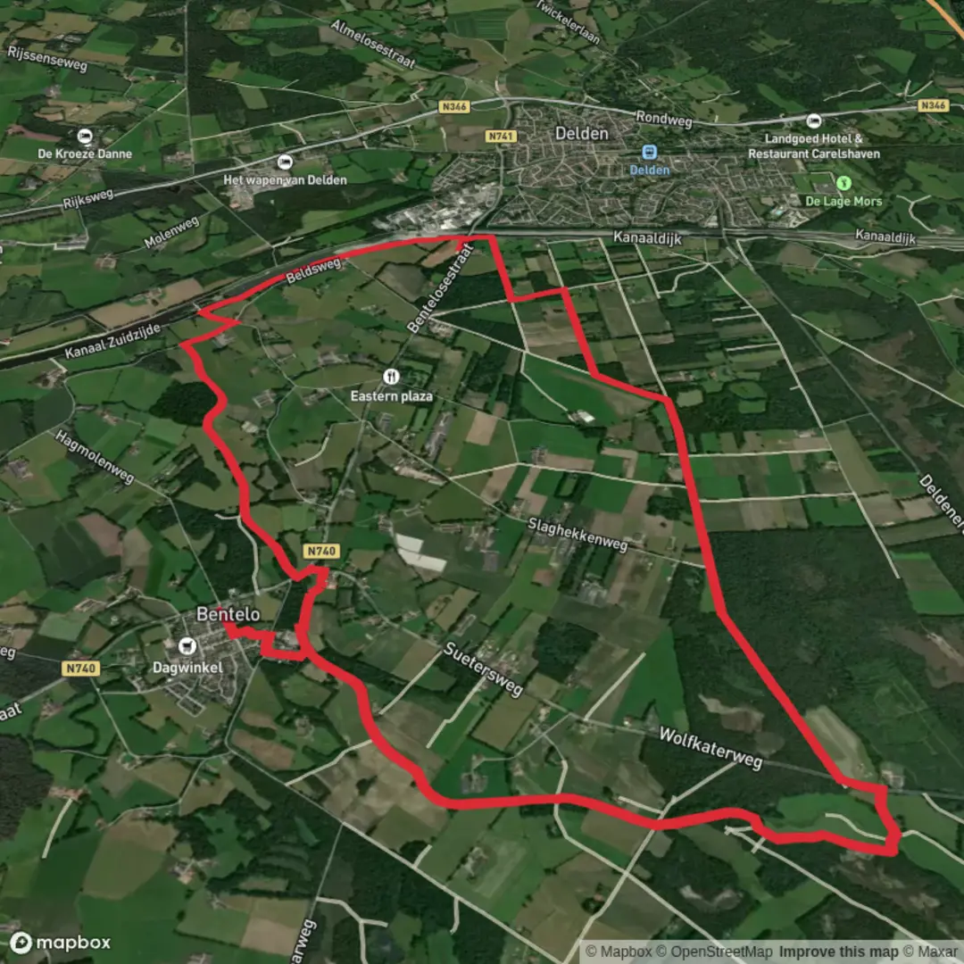 An image depicting the trail Hagmolenbeek via Loninkvoetpad and Wiene Gele Route and its surrounding area.