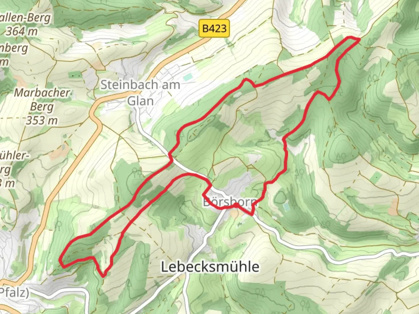 An image depicting the trail Schwarzer Balken and Diamant Schleifer Weg and its surrounding area.