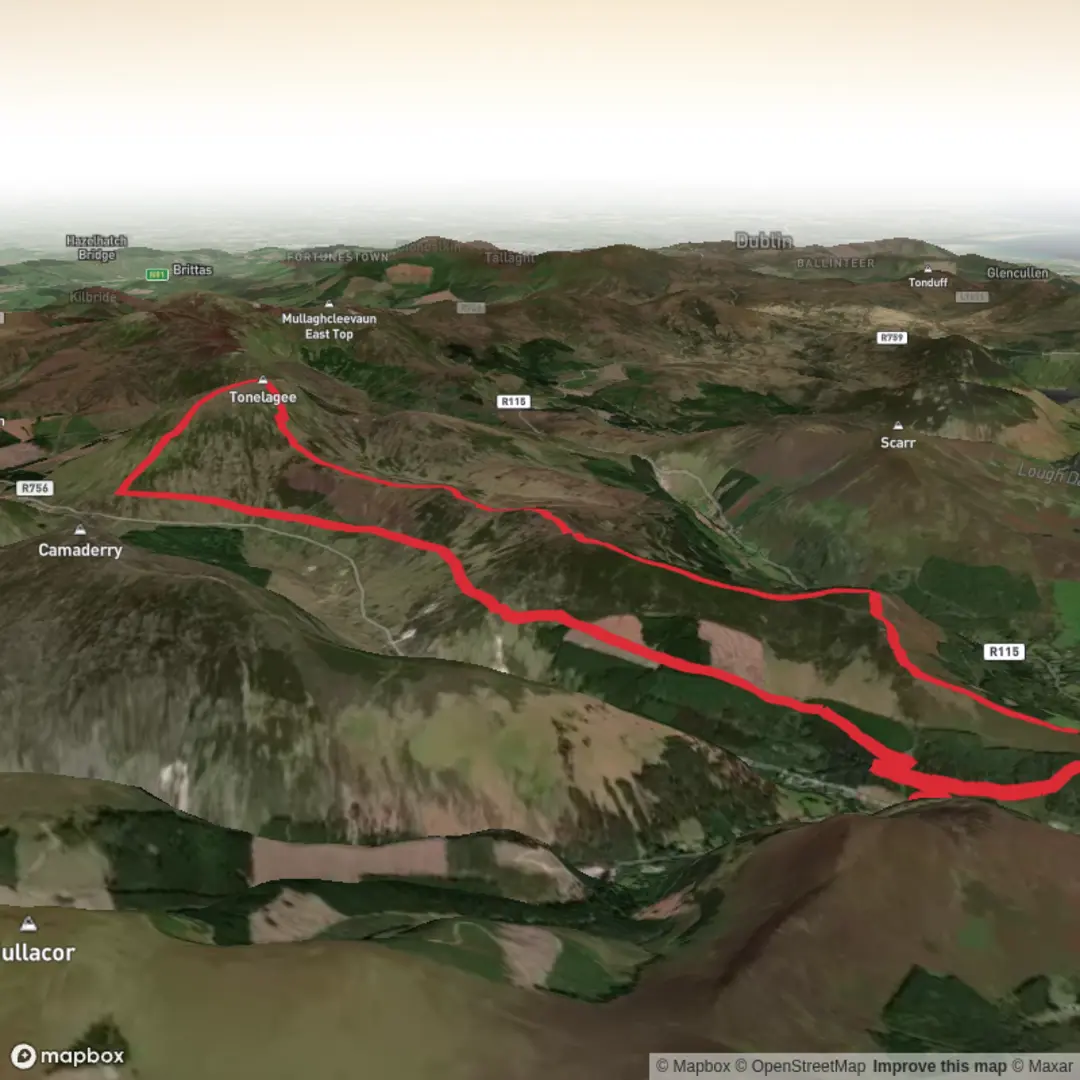 An image depicting the trail Glendalough to Tonelagee loop and its surrounding area.