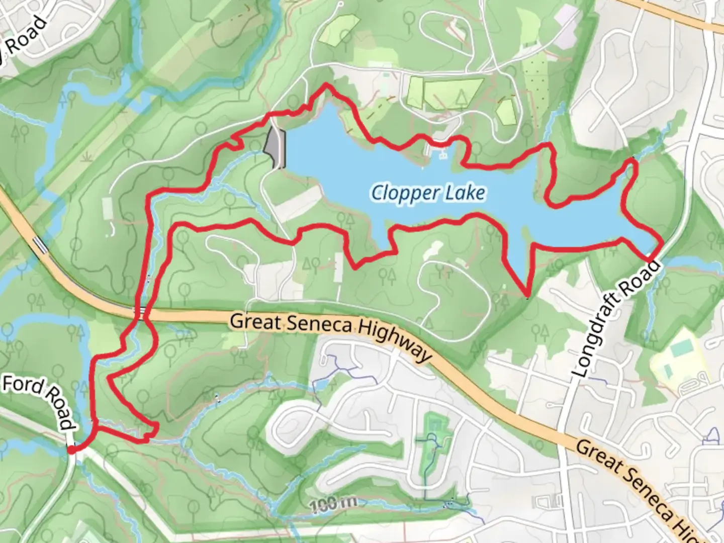 An image depicting the trail Clopper Lake via Seneca Creek Trail and Lake Shore Trail and its surrounding area.