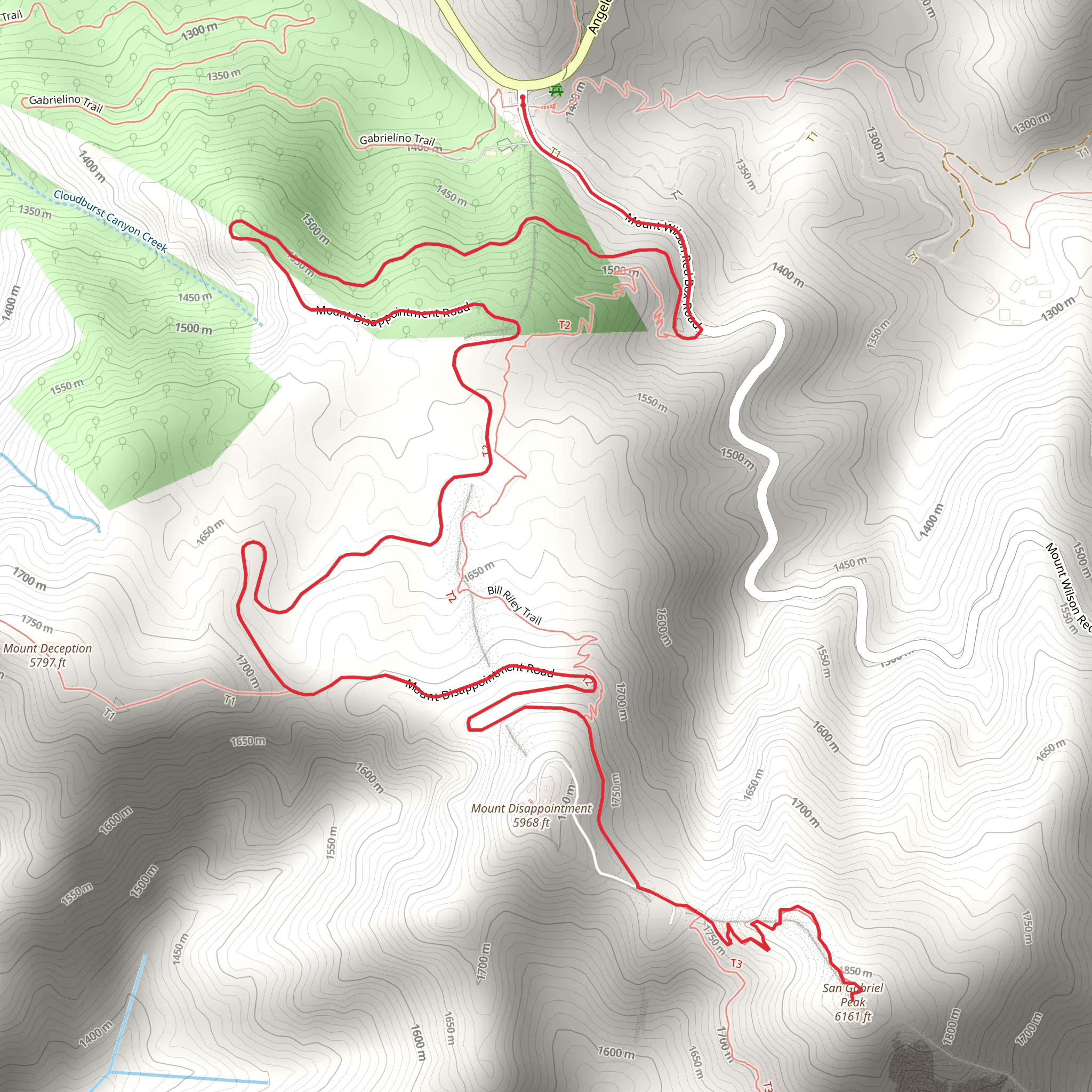 San Gabriel Peak via Mount Disappointment Road mobile static map