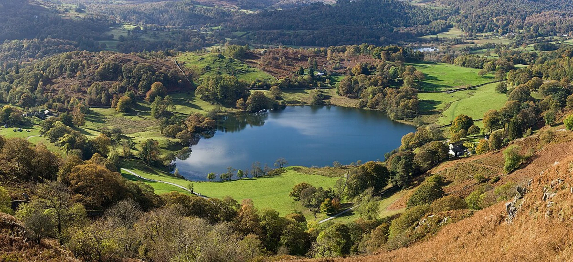 An image depicting the trail Skelwith Bridge to Elterwater Loop via Elterwater and Loughrigg Tarn and its surrounding area.
