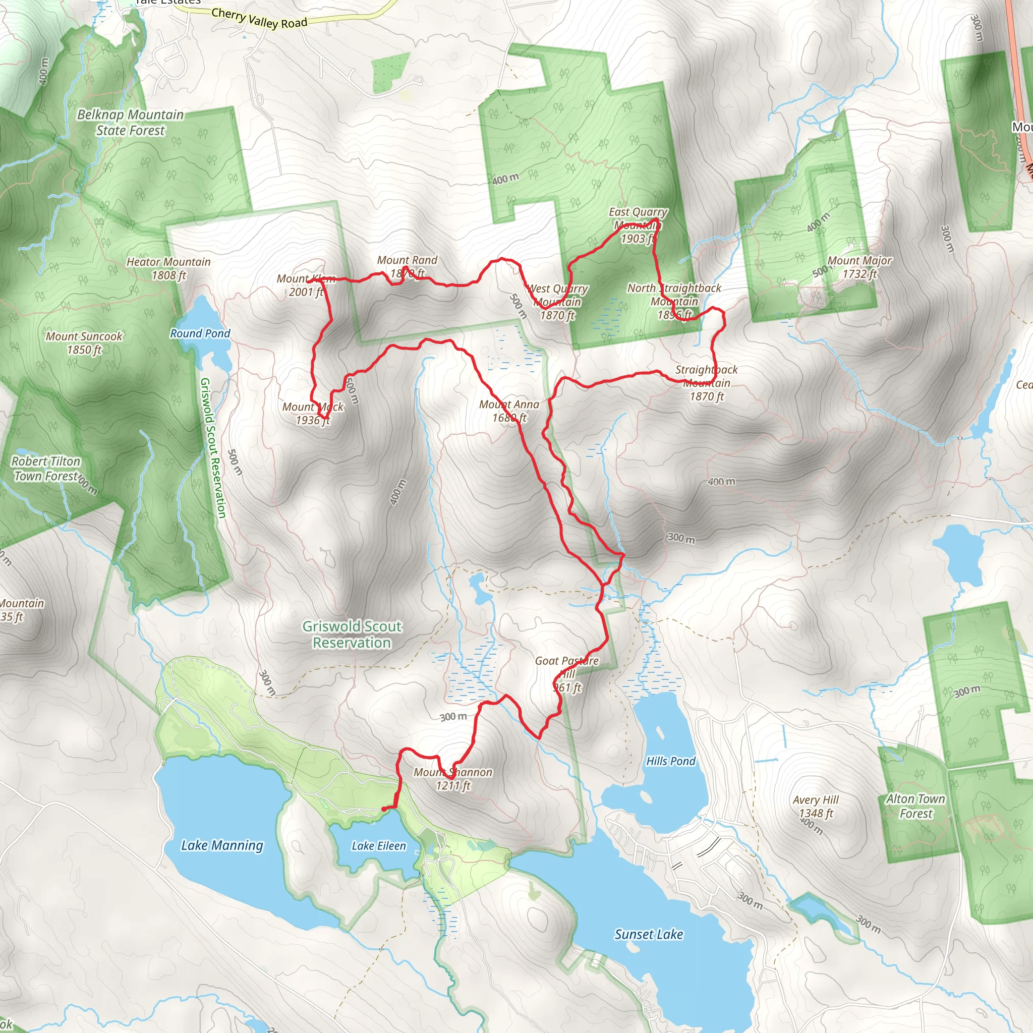 Mount Shannon, Goat Pasture Hill and Mount Rand Loop via Belknap Range Trail mobile static map