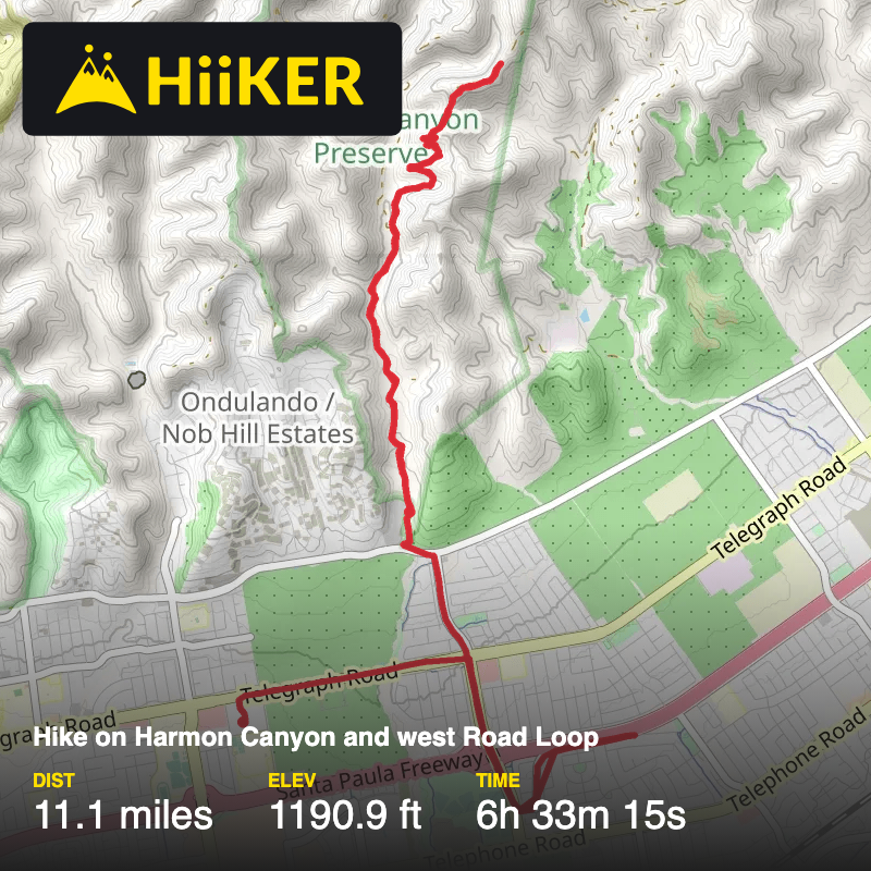 A map preview of the recording Hike on Harmon Canyon and west Road Loop.