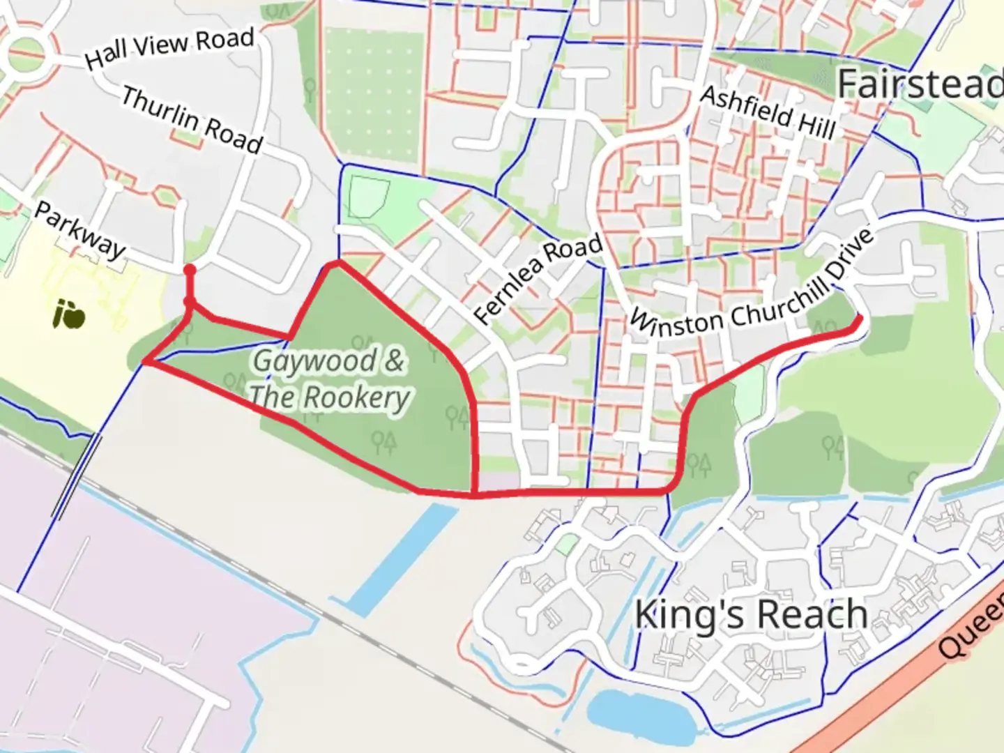 An image depicting the trail Gaywood and The Rookery Loop and its surrounding area.